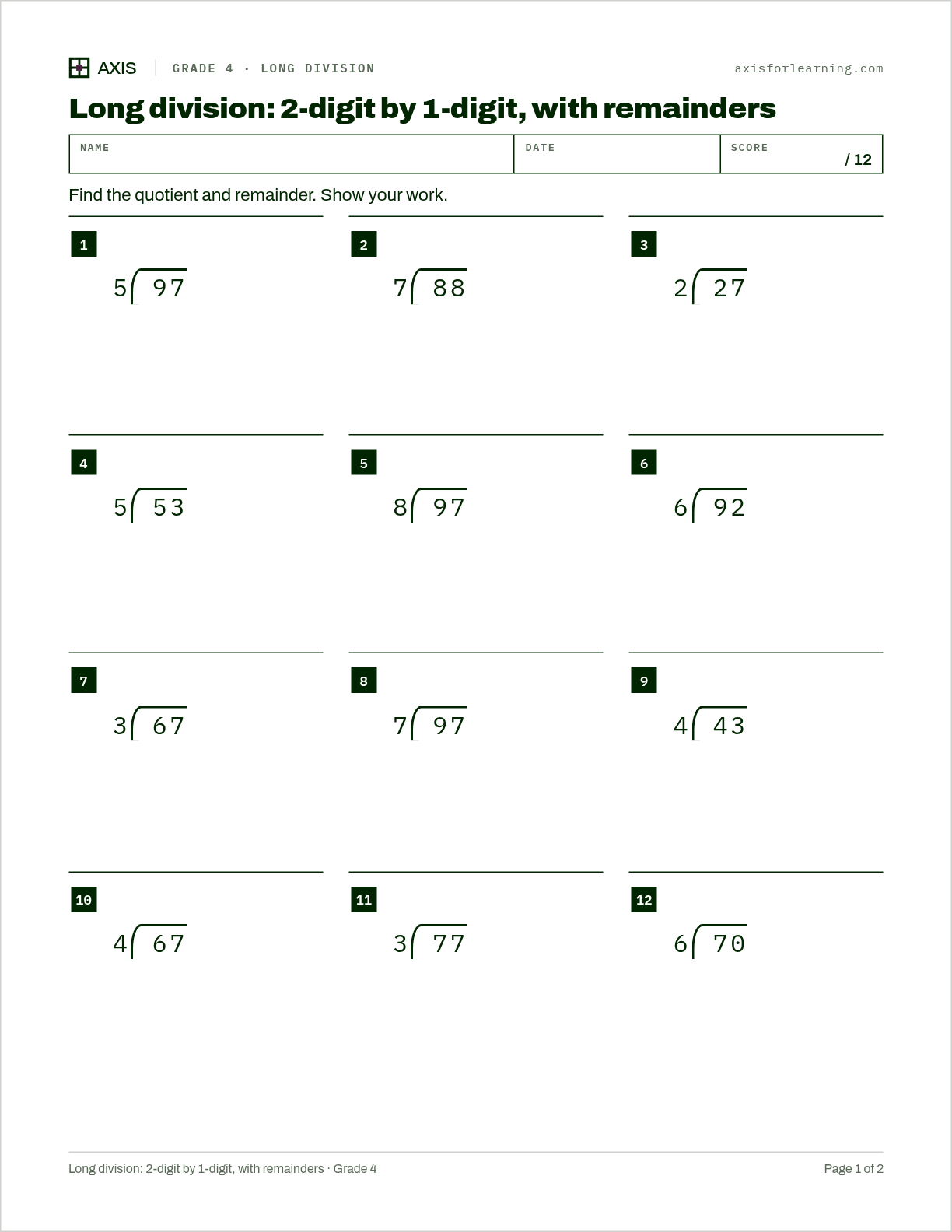 Long division: 2-digit by 1-digit, with remainders: first page of the printable worksheet