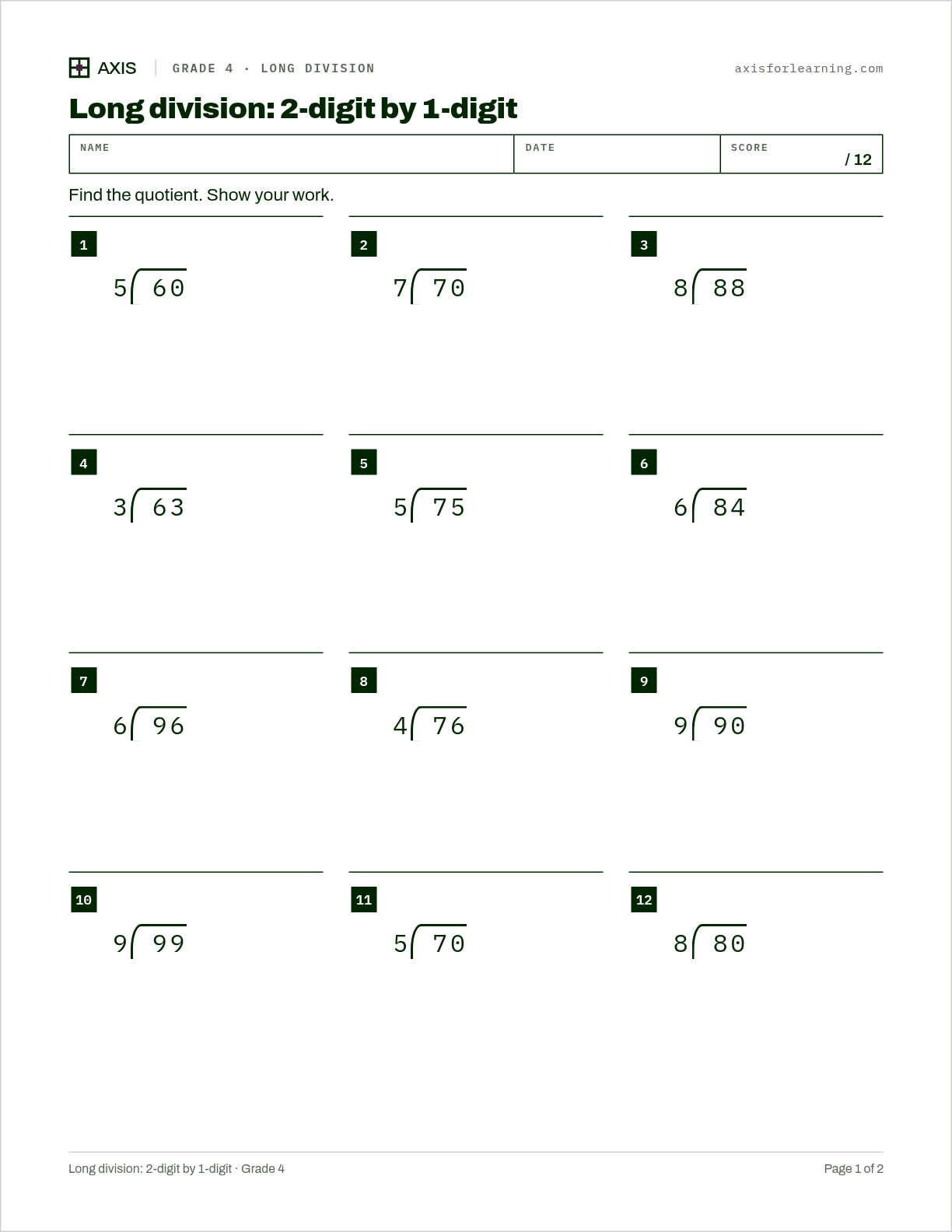 Long division: 2-digit by 1-digit: first page of the printable worksheet