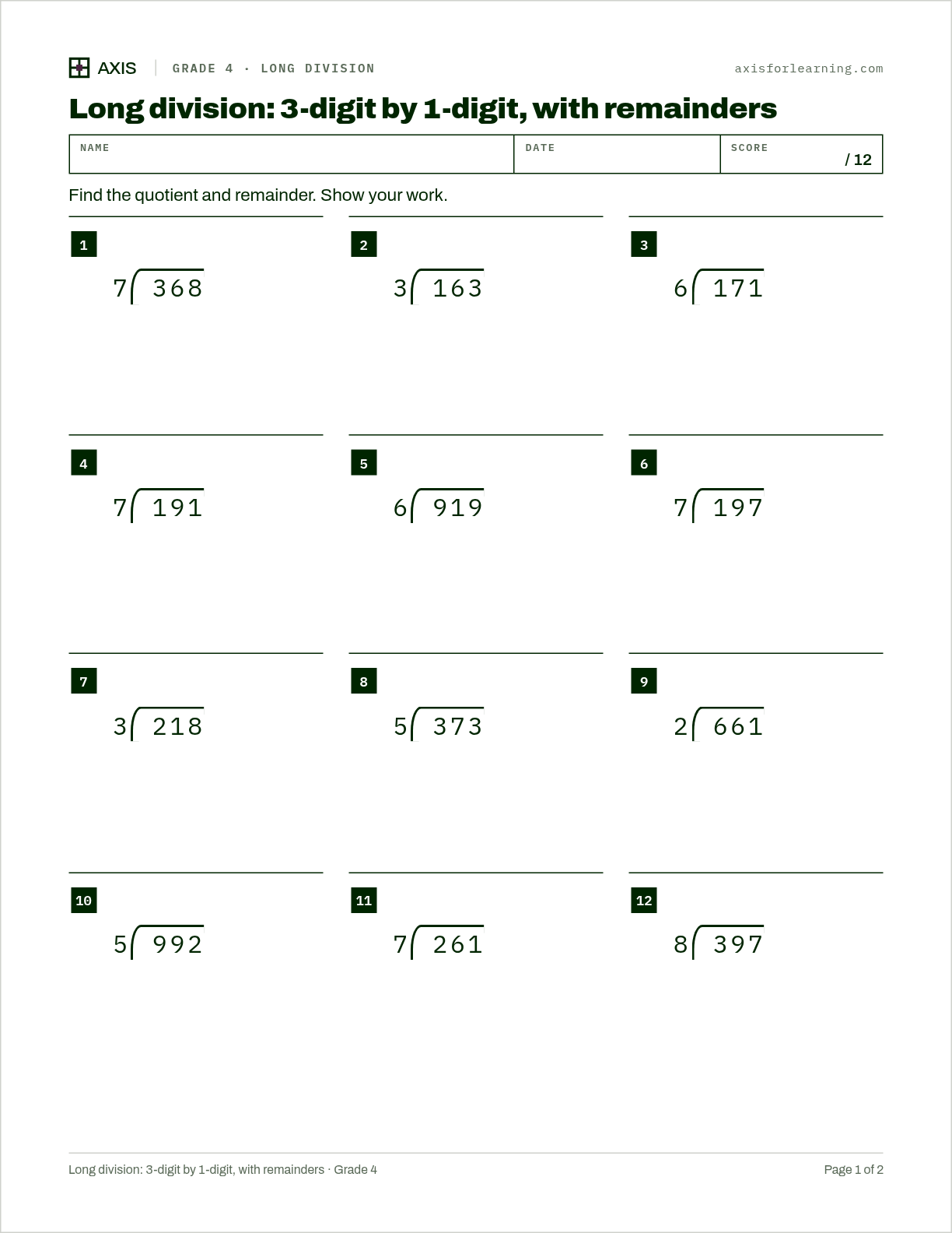 Long division: 3-digit by 1-digit, with remainders: first page of the printable worksheet