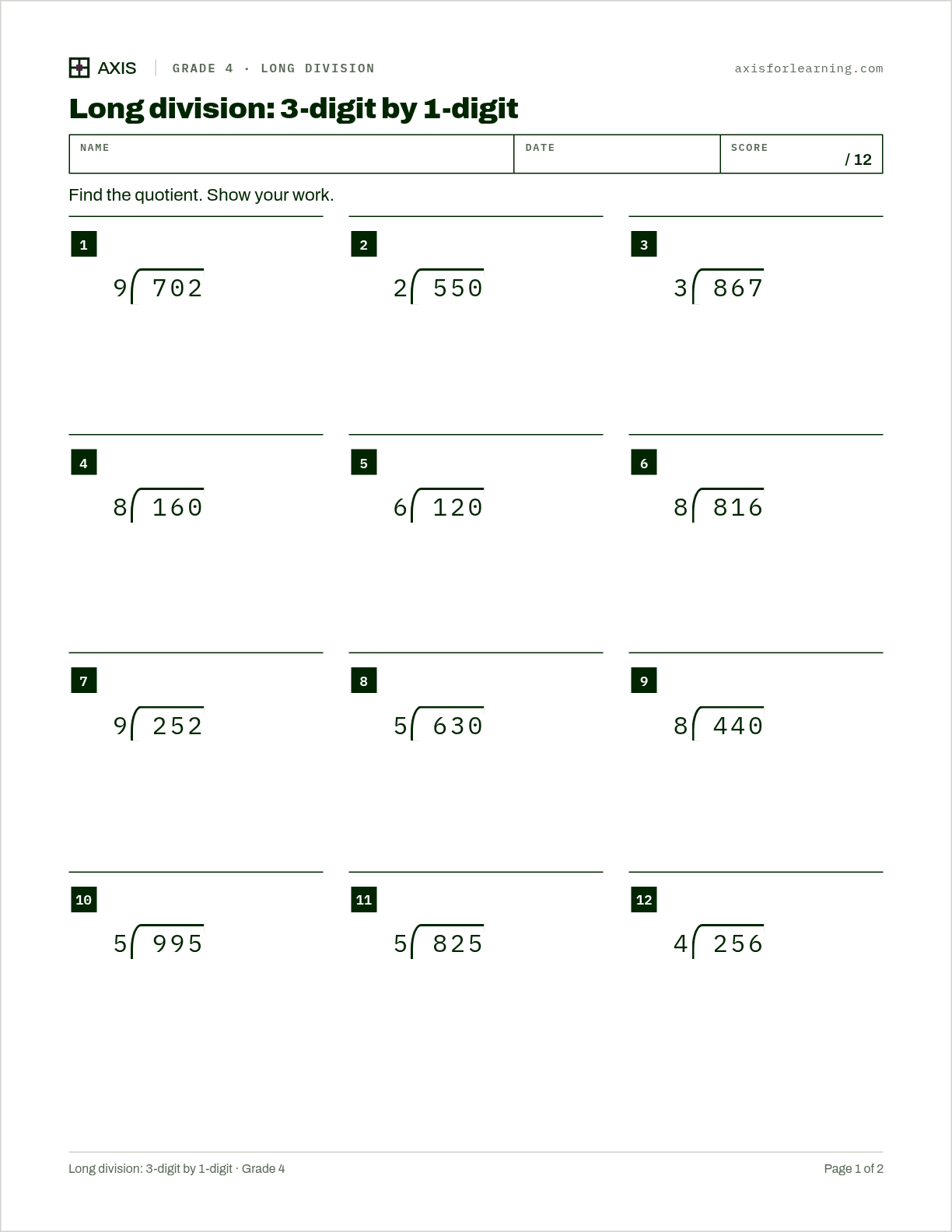 Long division: 3-digit by 1-digit: first page of the printable worksheet