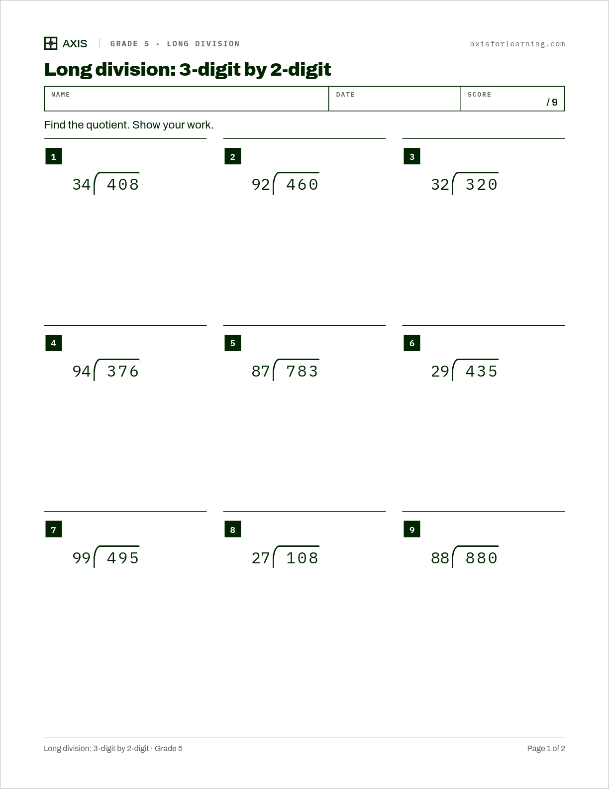 Long division: 3-digit by 2-digit: first page of the printable worksheet