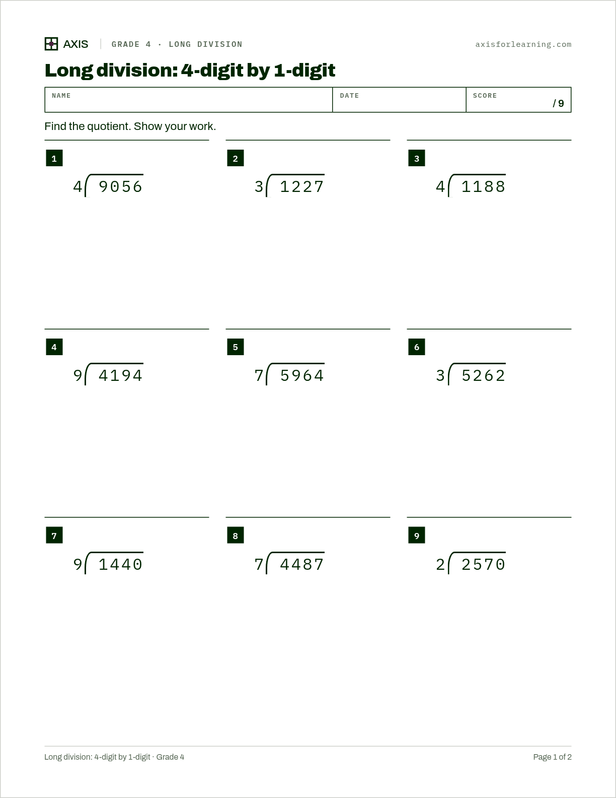 Long division: 4-digit by 1-digit: first page of the printable worksheet
