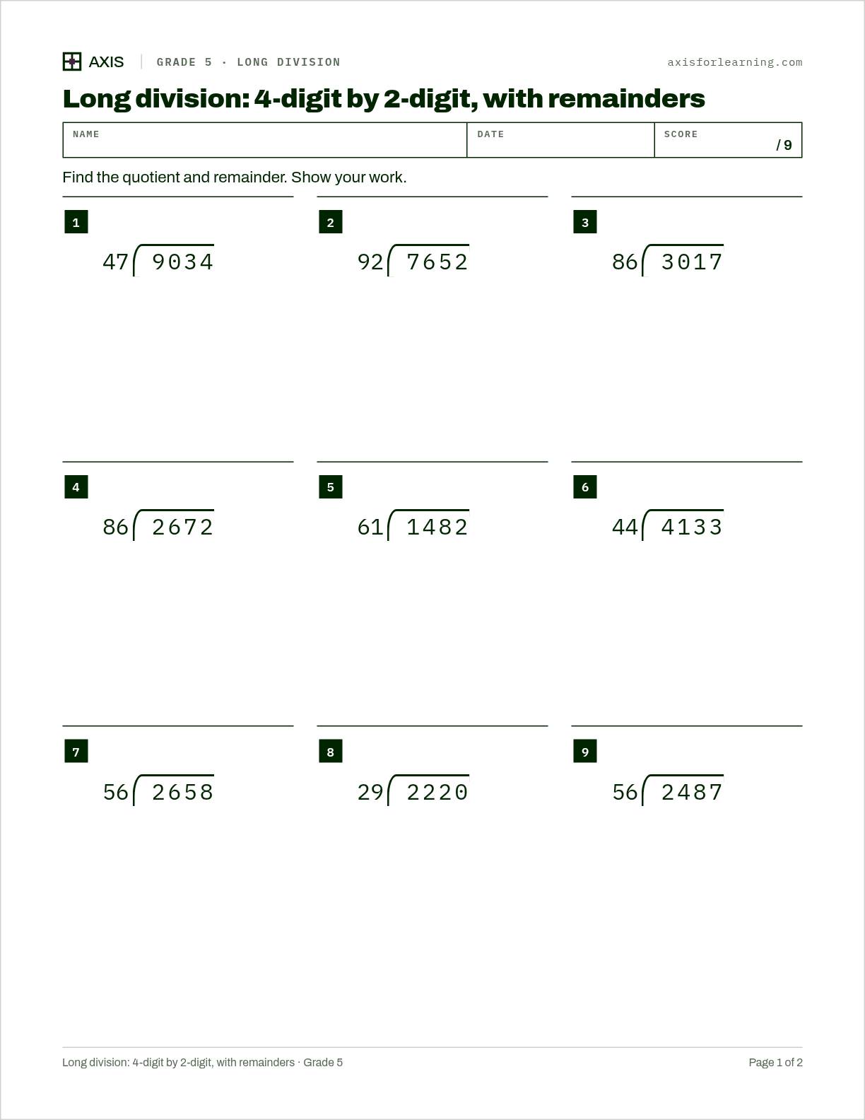 Long division: 4-digit by 2-digit, with remainders: first page of the printable worksheet