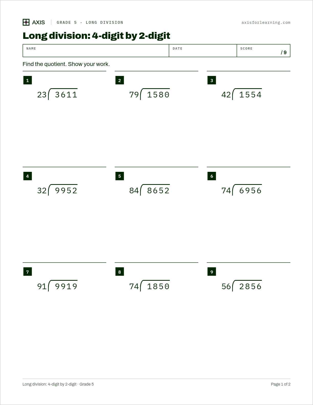 Long division: 4-digit by 2-digit: first page of the printable worksheet