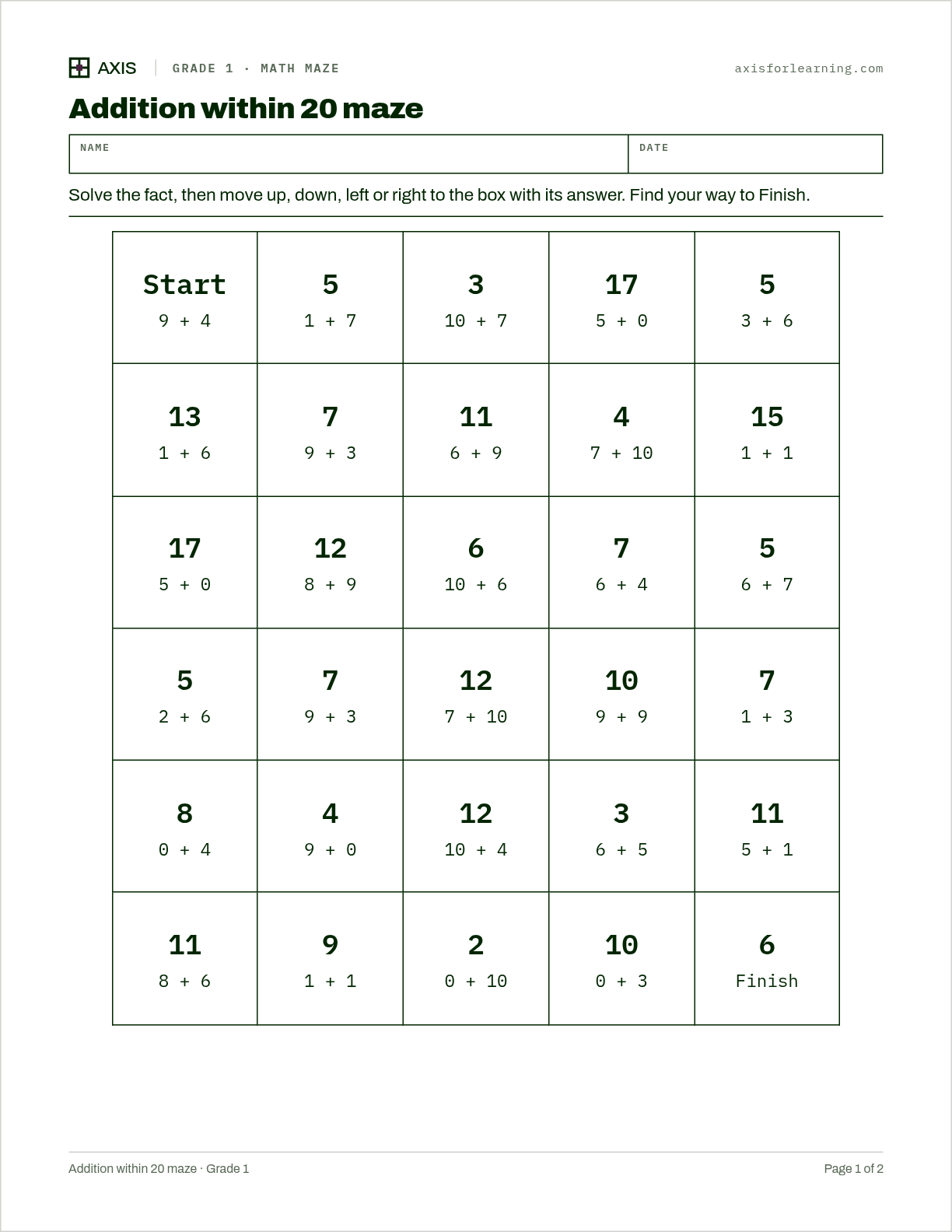 Addition within 20 maze: first page of the printable worksheet