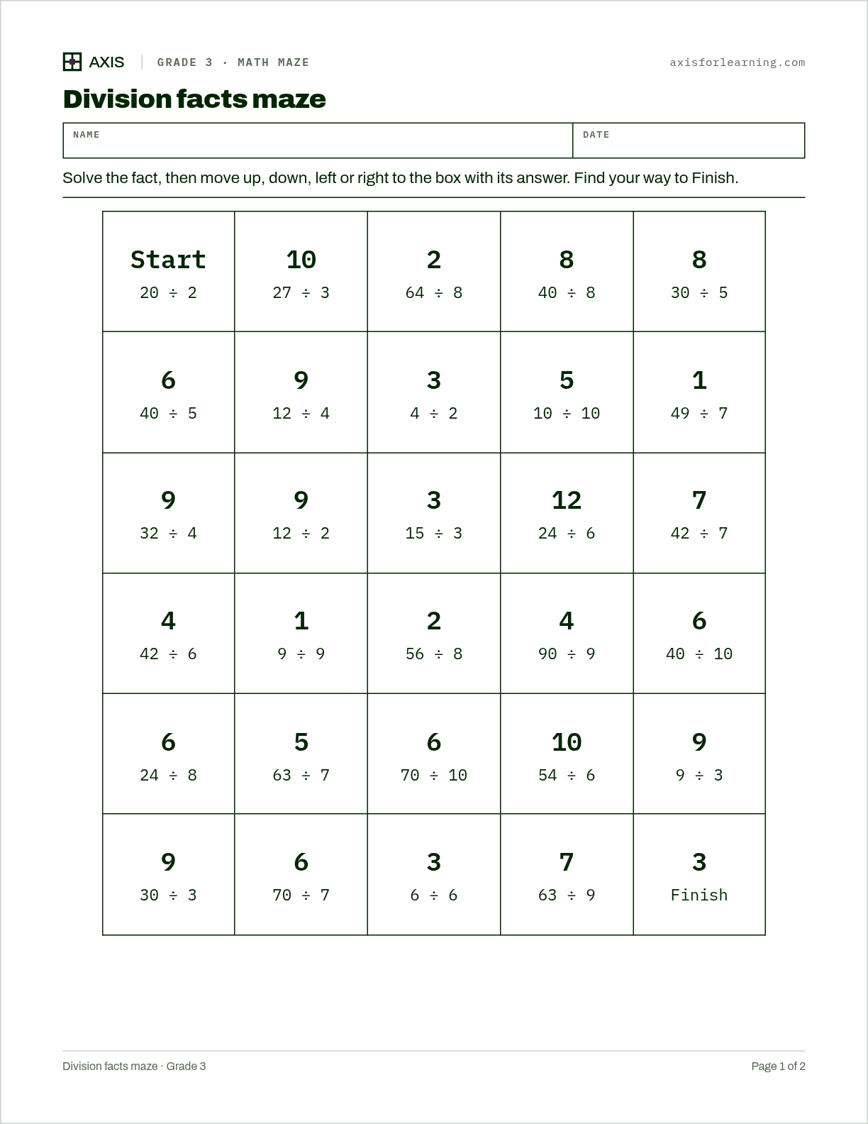 Division facts maze: first page of the printable worksheet