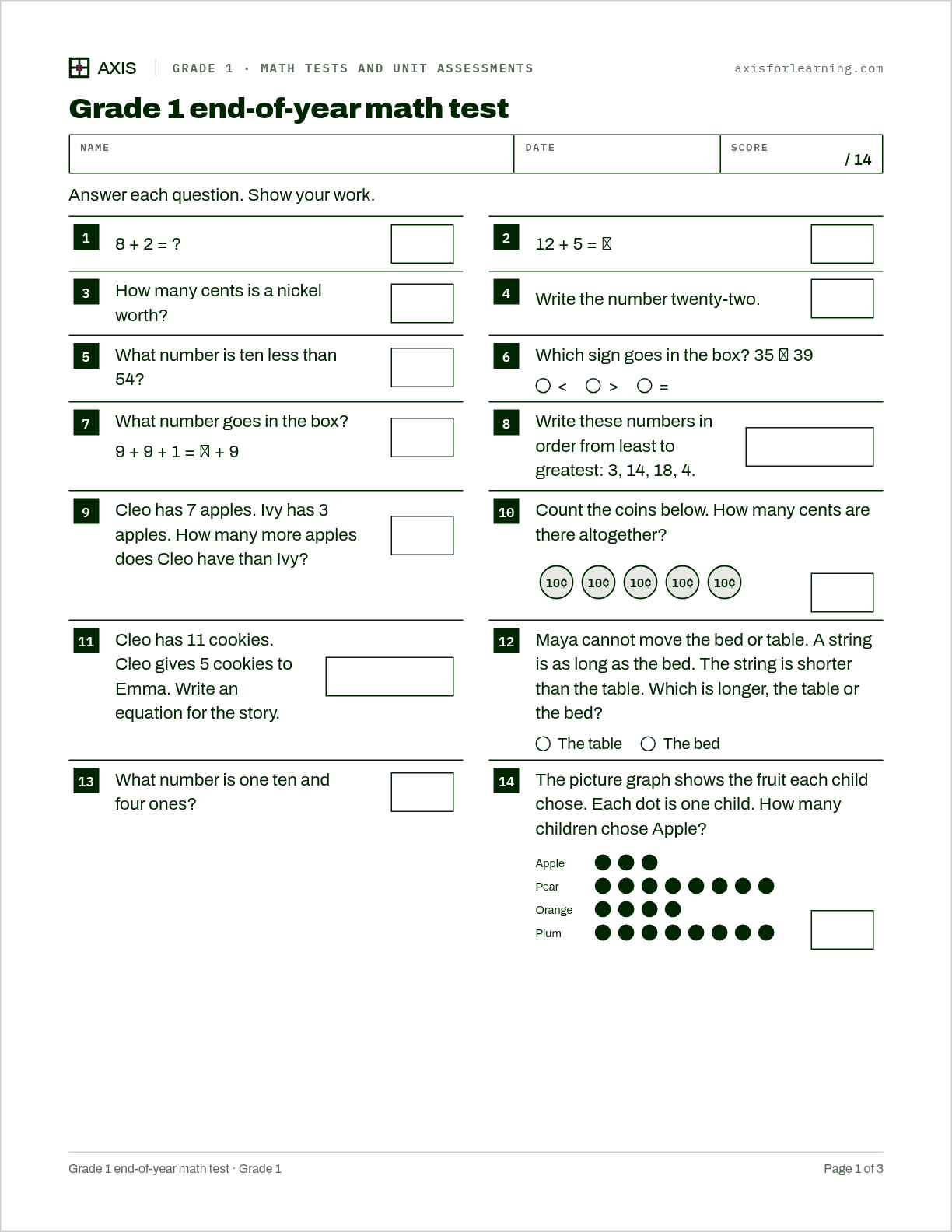 Grade 1 end-of-year math test: first page of the printable worksheet