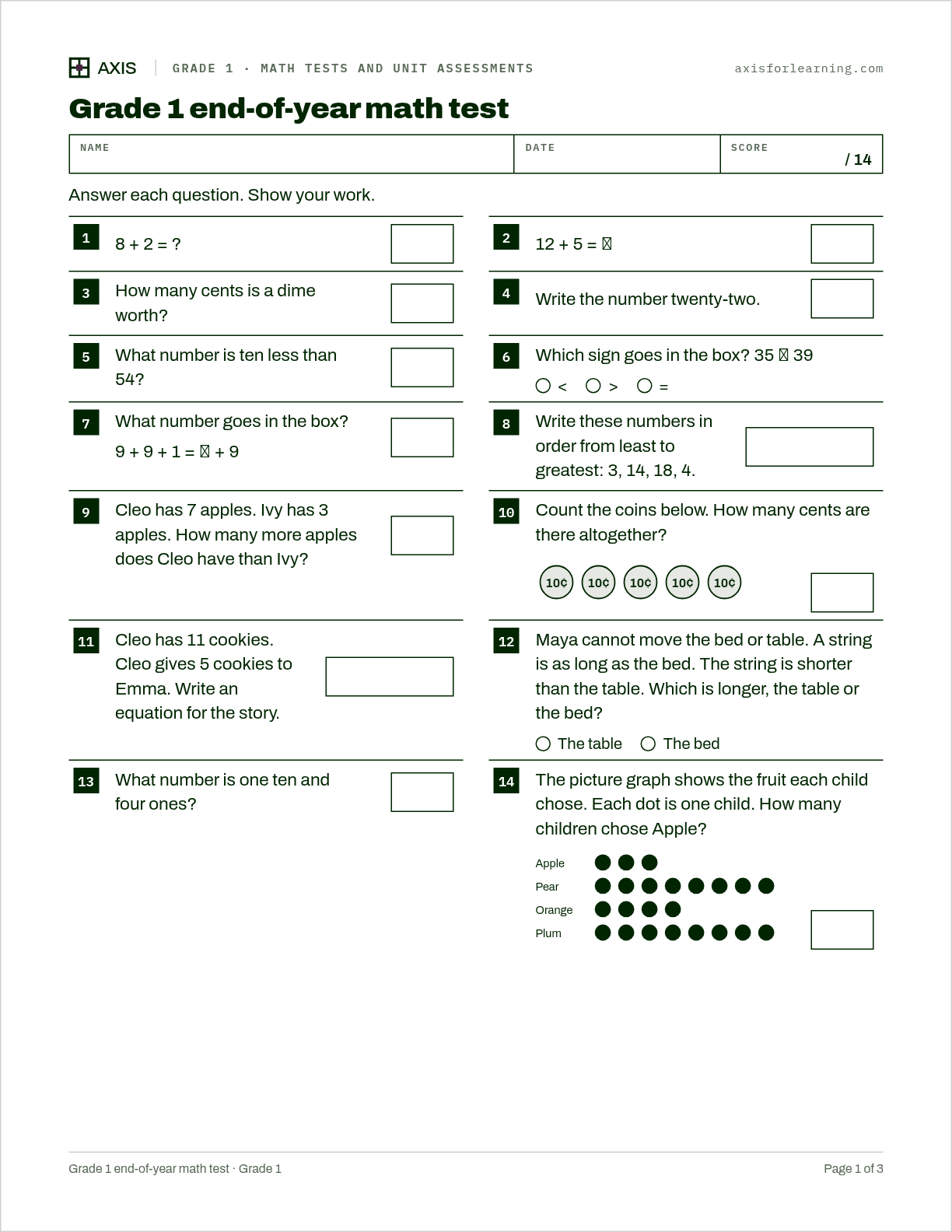 Grade 1 end-of-year math test: first page of the printable worksheet
