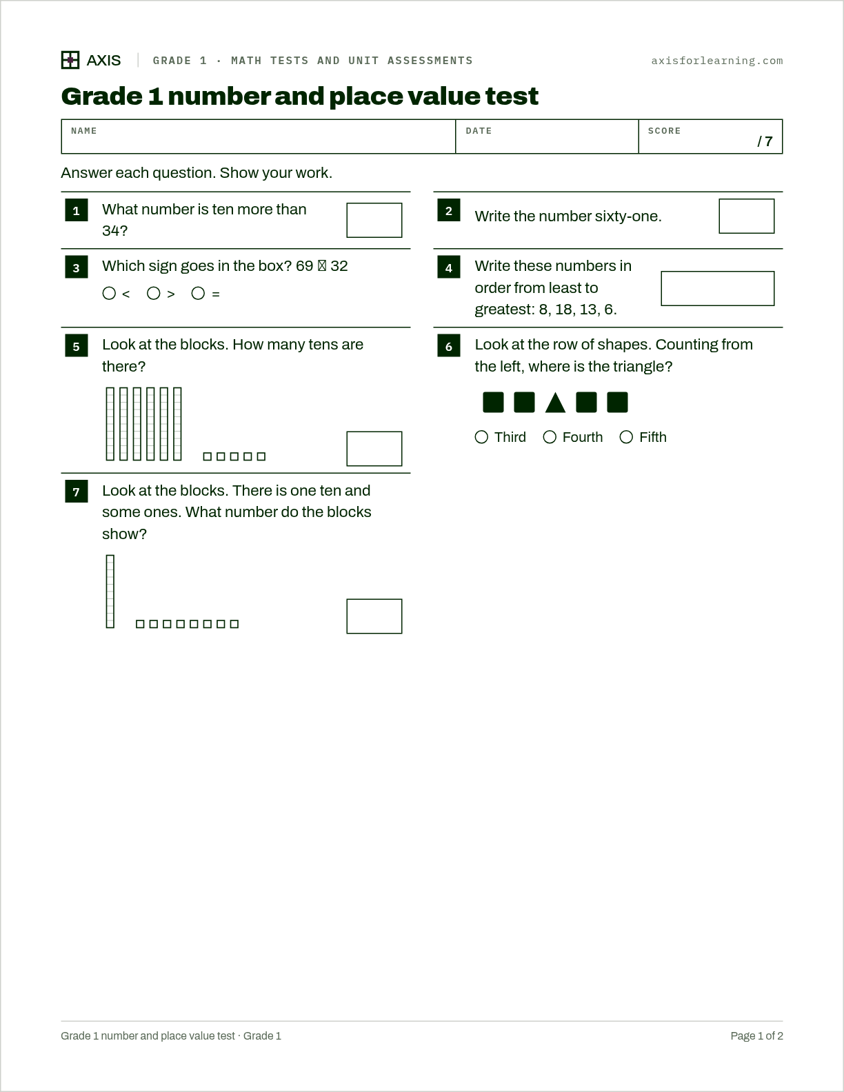 Grade 1 number and place value test: first page of the printable worksheet