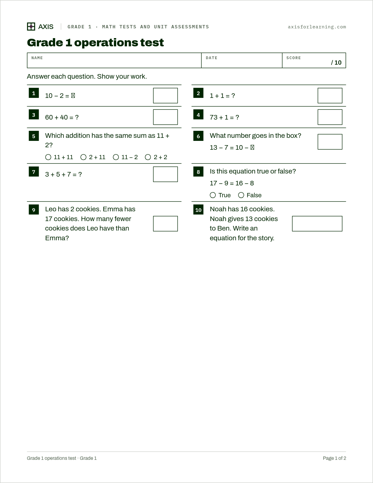 Grade 1 operations test: first page of the printable worksheet