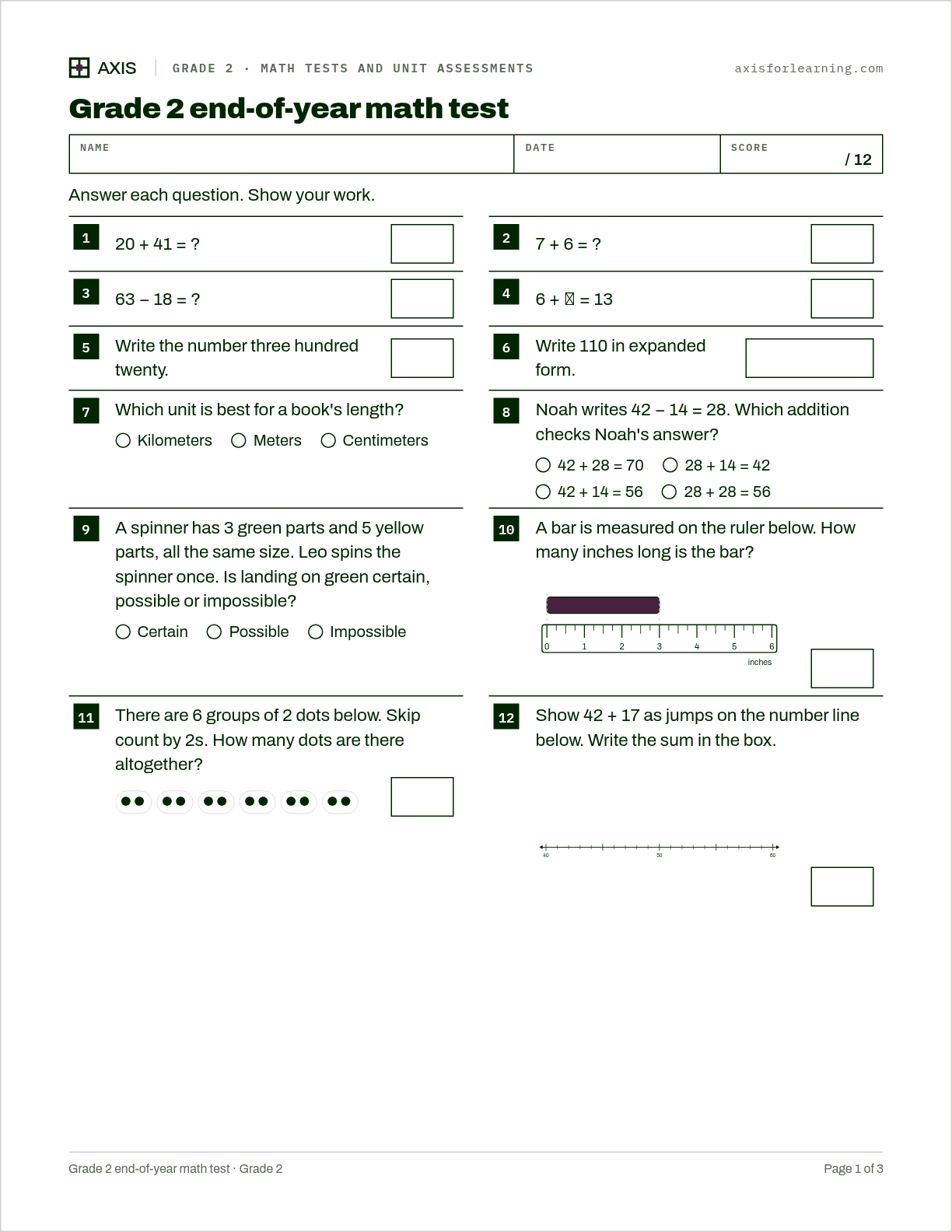 Grade 2 end-of-year math test: first page of the printable worksheet