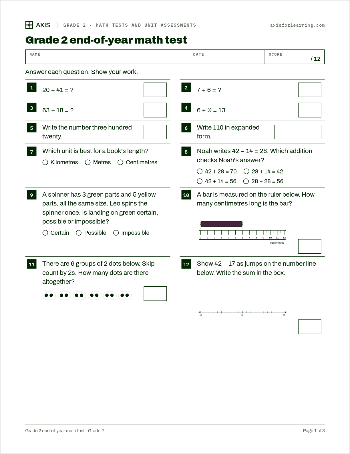Grade 2 end-of-year math test: first page of the printable worksheet