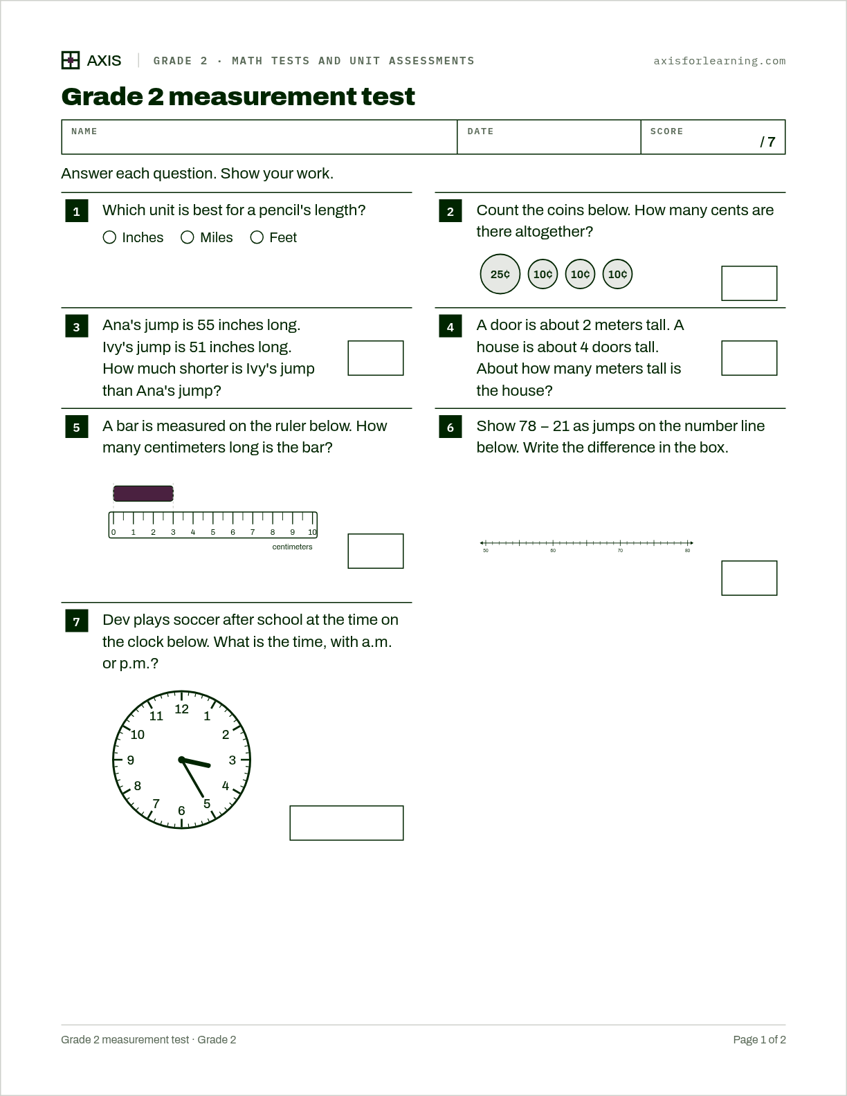 Grade 2 measurement test: first page of the printable worksheet