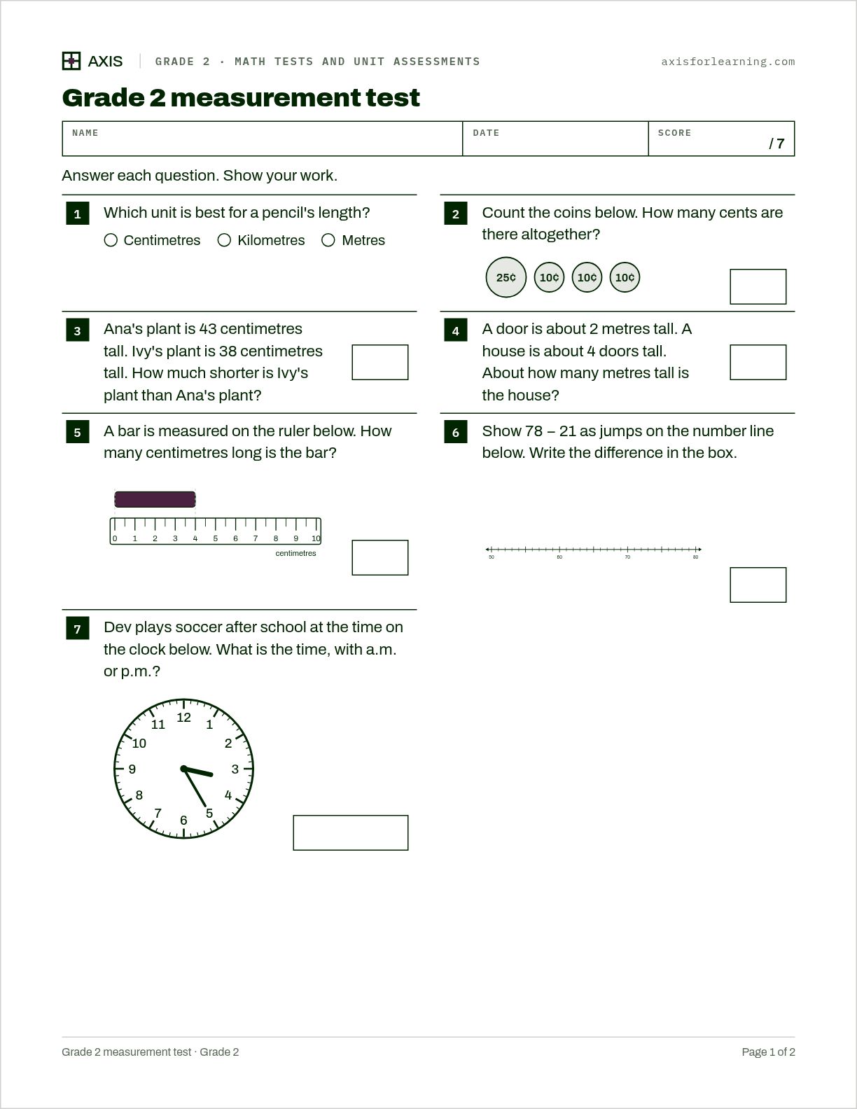 Grade 2 measurement test: first page of the printable worksheet