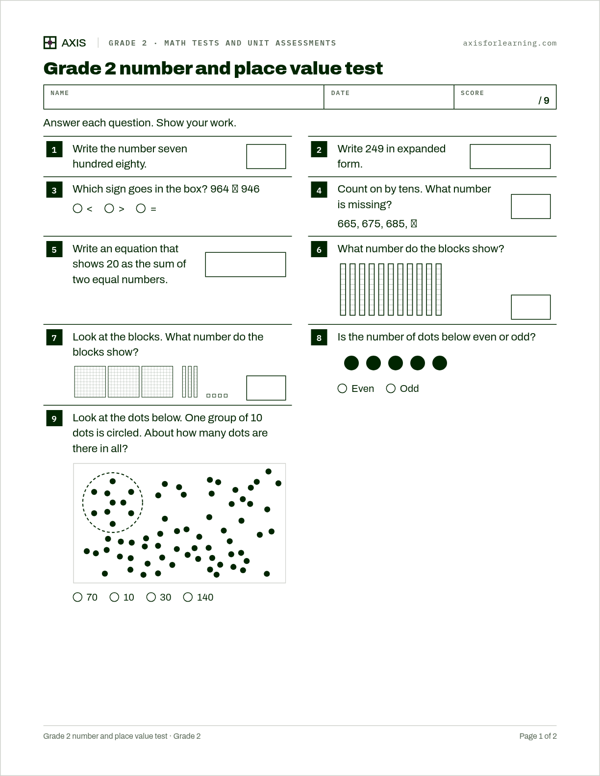 Grade 2 number and place value test: first page of the printable worksheet