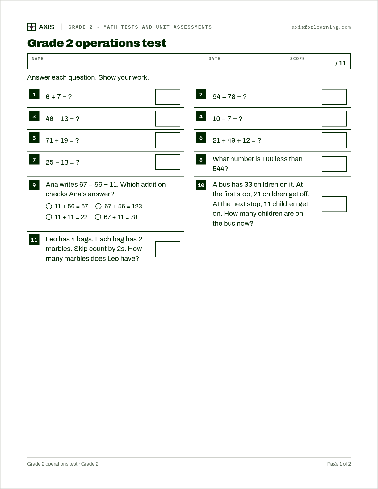 Grade 2 operations test: first page of the printable worksheet