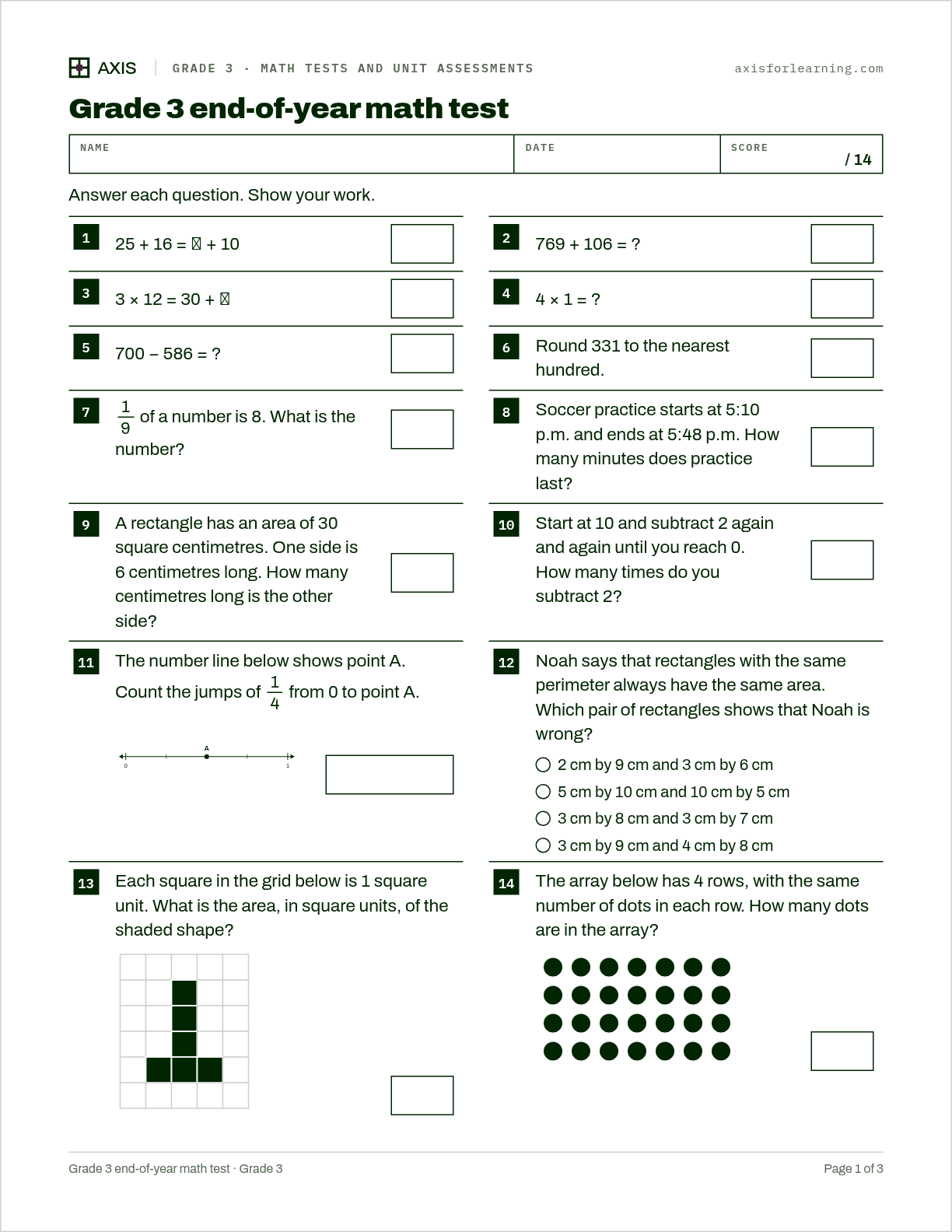 Grade 3 end-of-year math test: first page of the printable worksheet