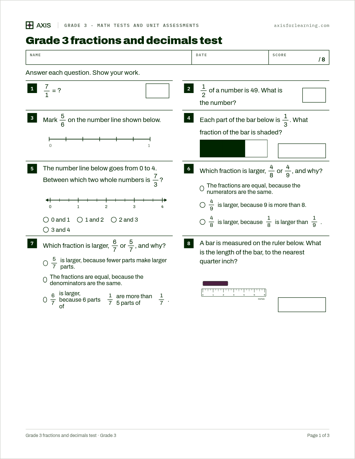 Grade 3 fractions and decimals test: first page of the printable worksheet