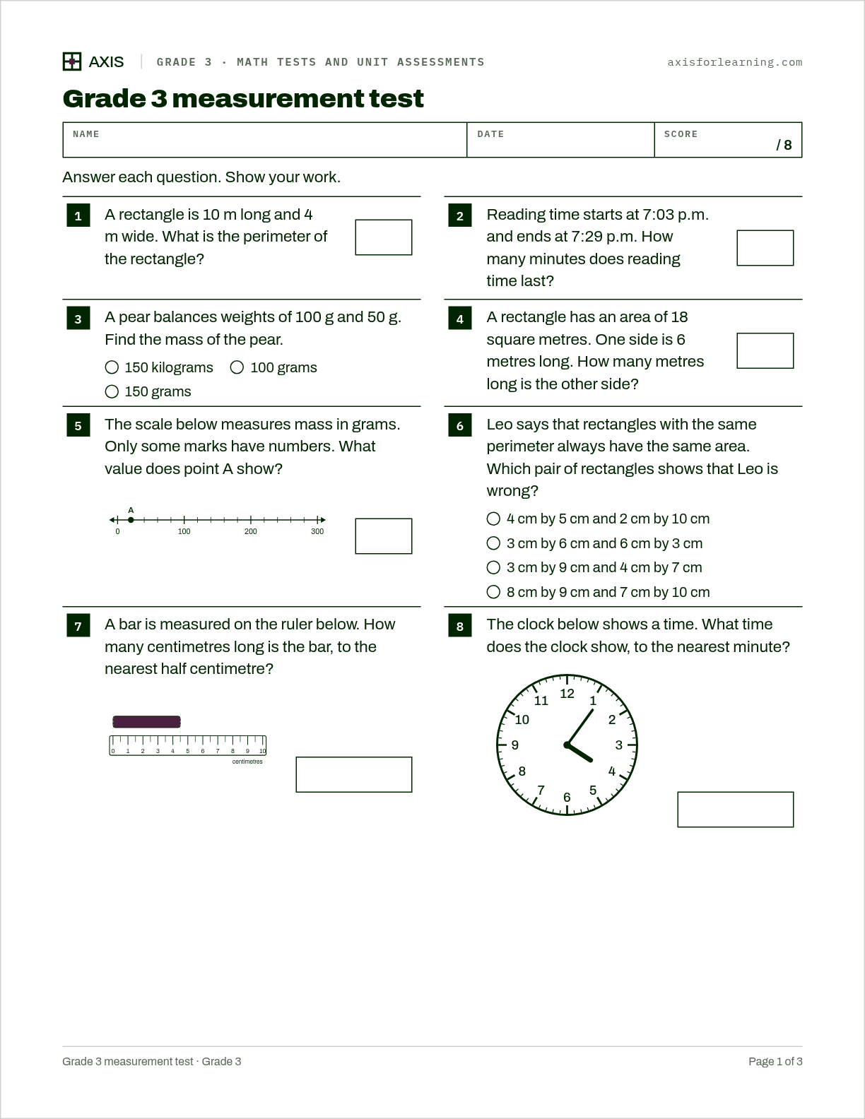 Grade 3 measurement test: first page of the printable worksheet