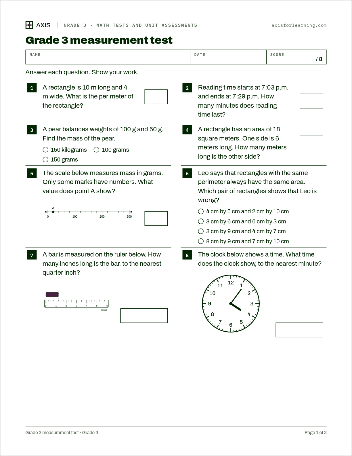 Grade 3 measurement test: first page of the printable worksheet