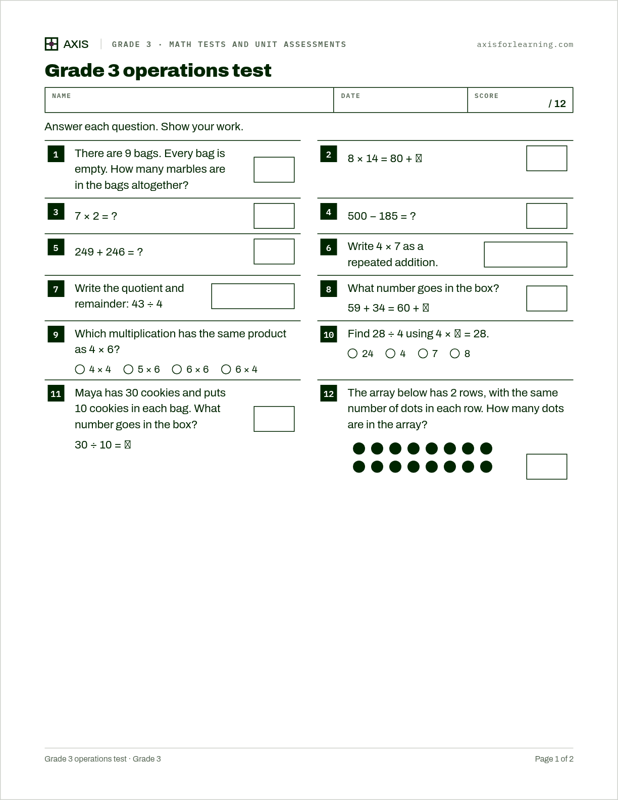 Grade 3 operations test: first page of the printable worksheet
