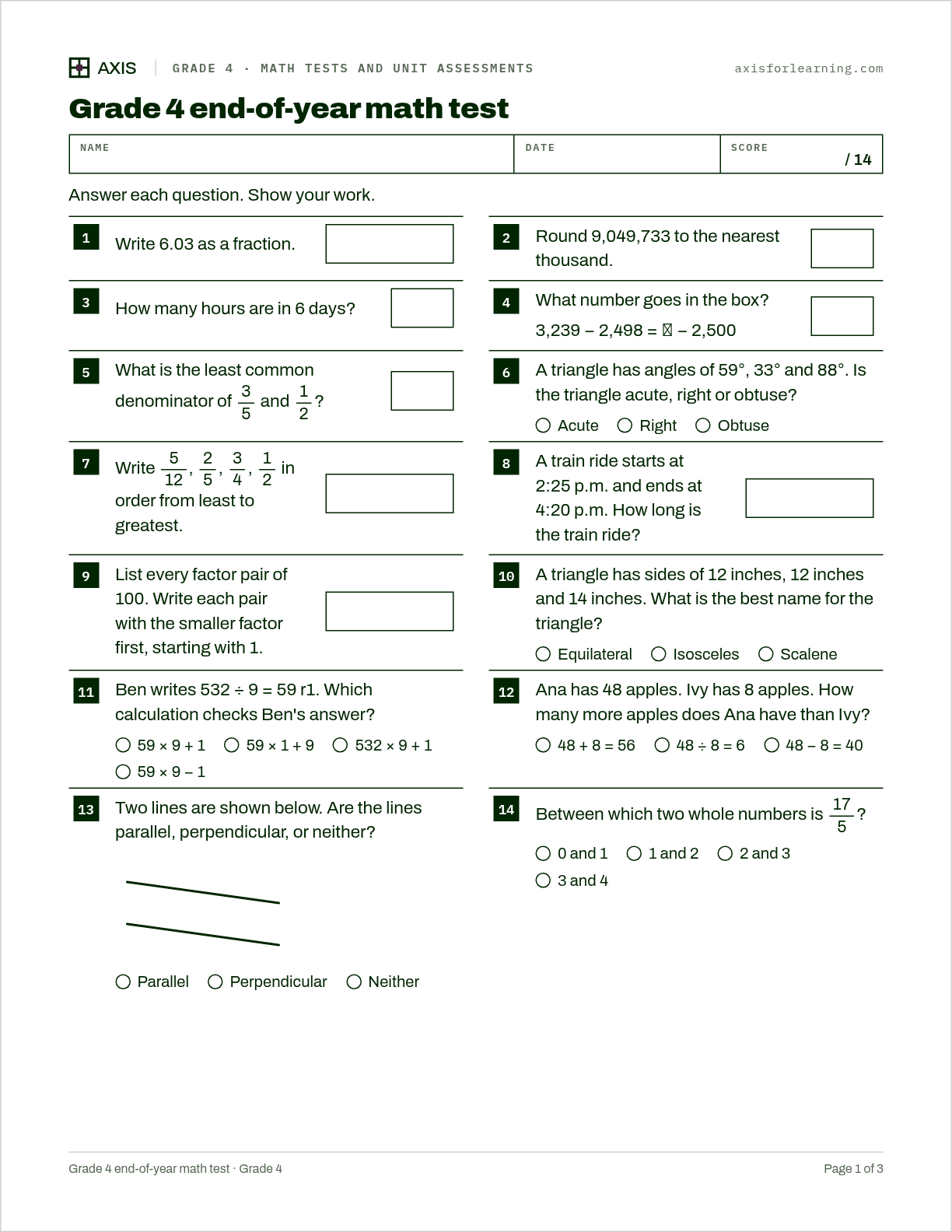Grade 4 end-of-year math test: first page of the printable worksheet