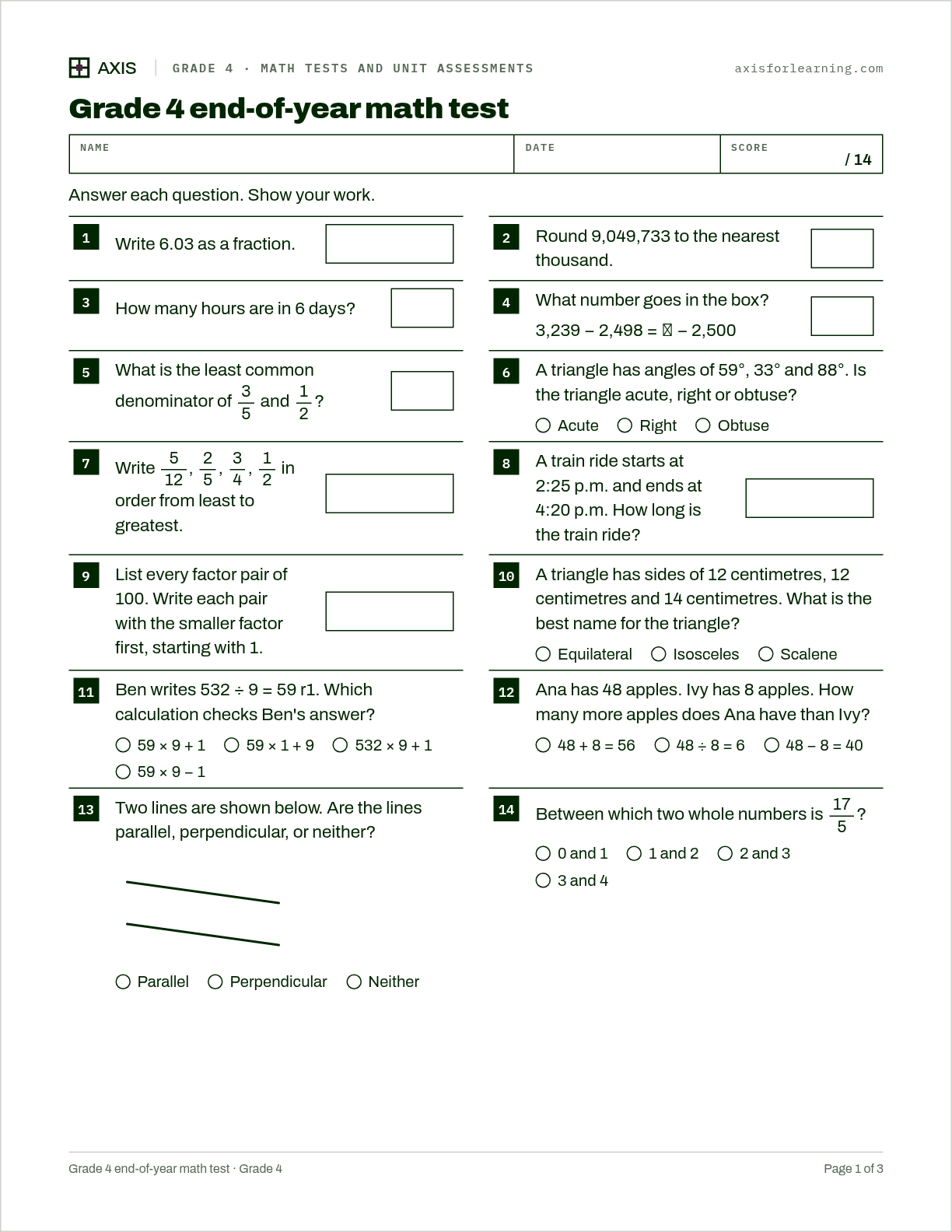 Grade 4 end-of-year math test: first page of the printable worksheet