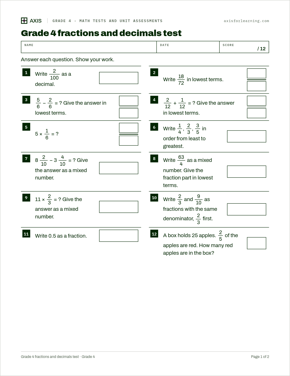 Grade 4 fractions and decimals test: first page of the printable worksheet