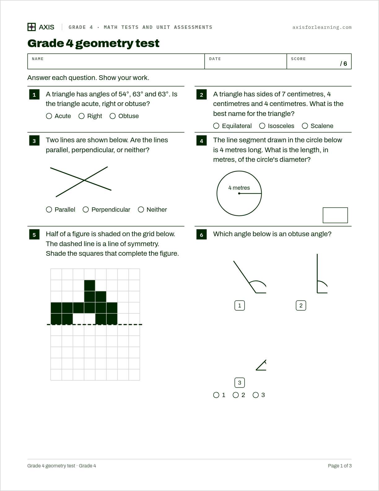 Grade 4 geometry test: first page of the printable worksheet