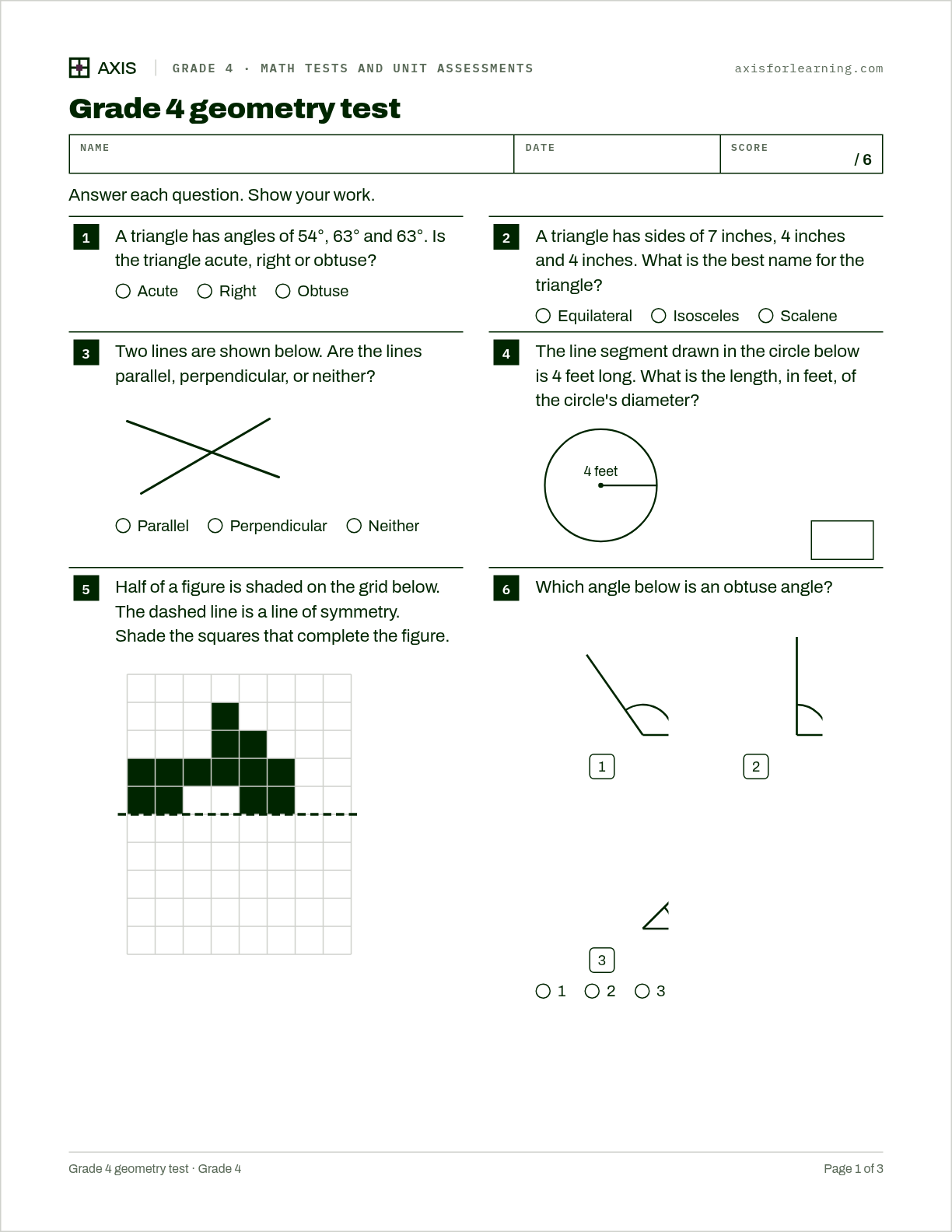 Grade 4 geometry test: first page of the printable worksheet