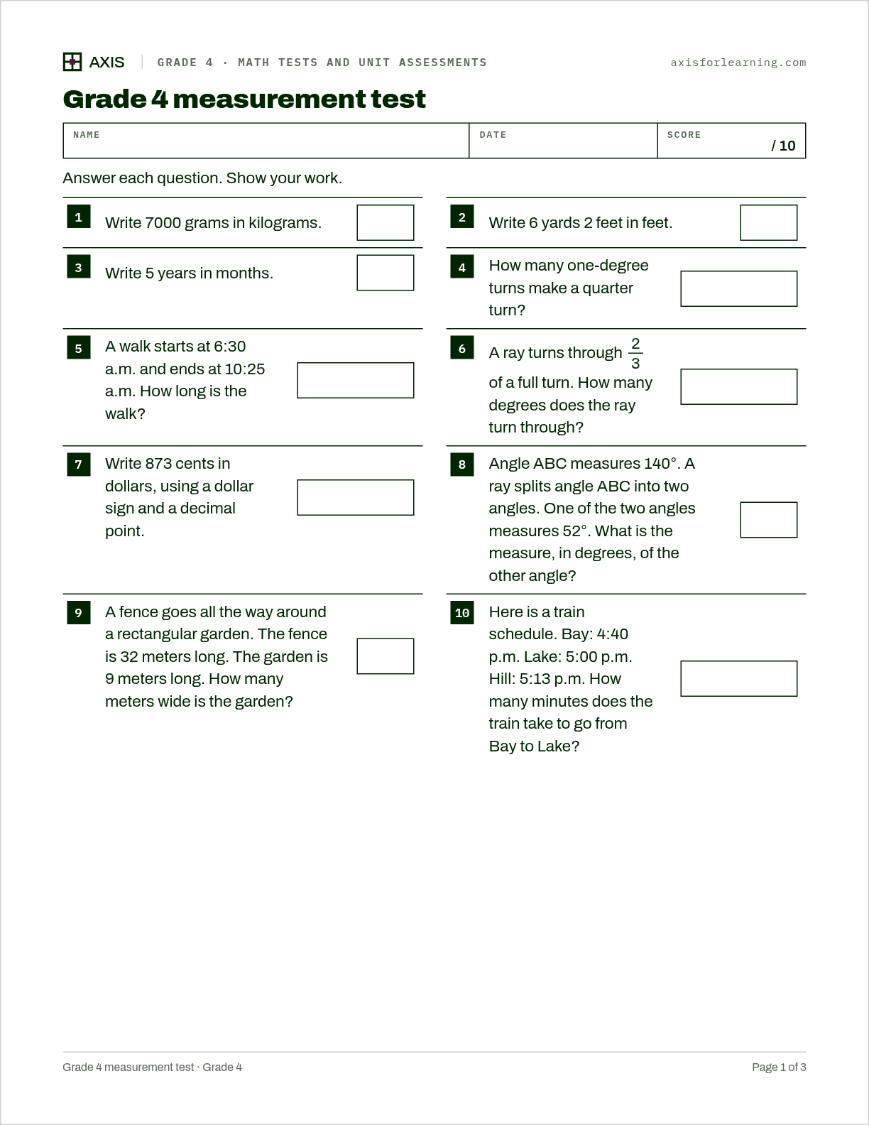Grade 4 measurement test: first page of the printable worksheet