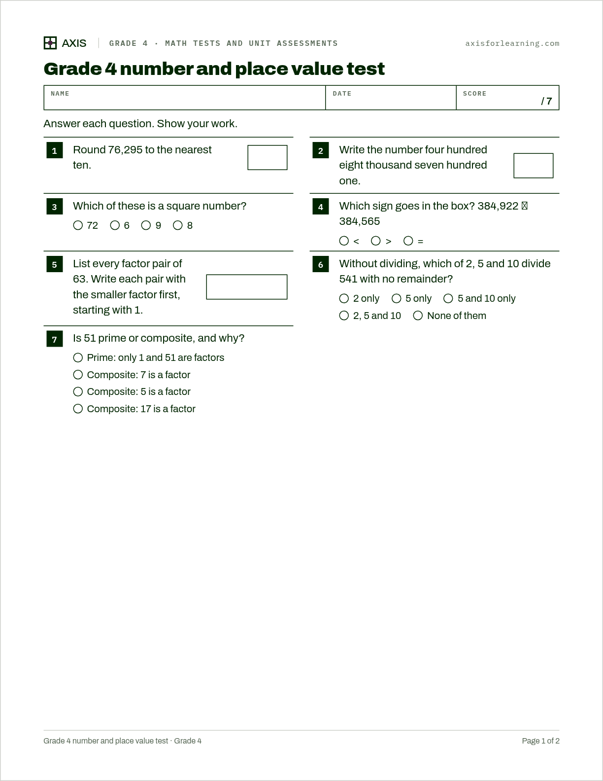 Grade 4 number and place value test: first page of the printable worksheet