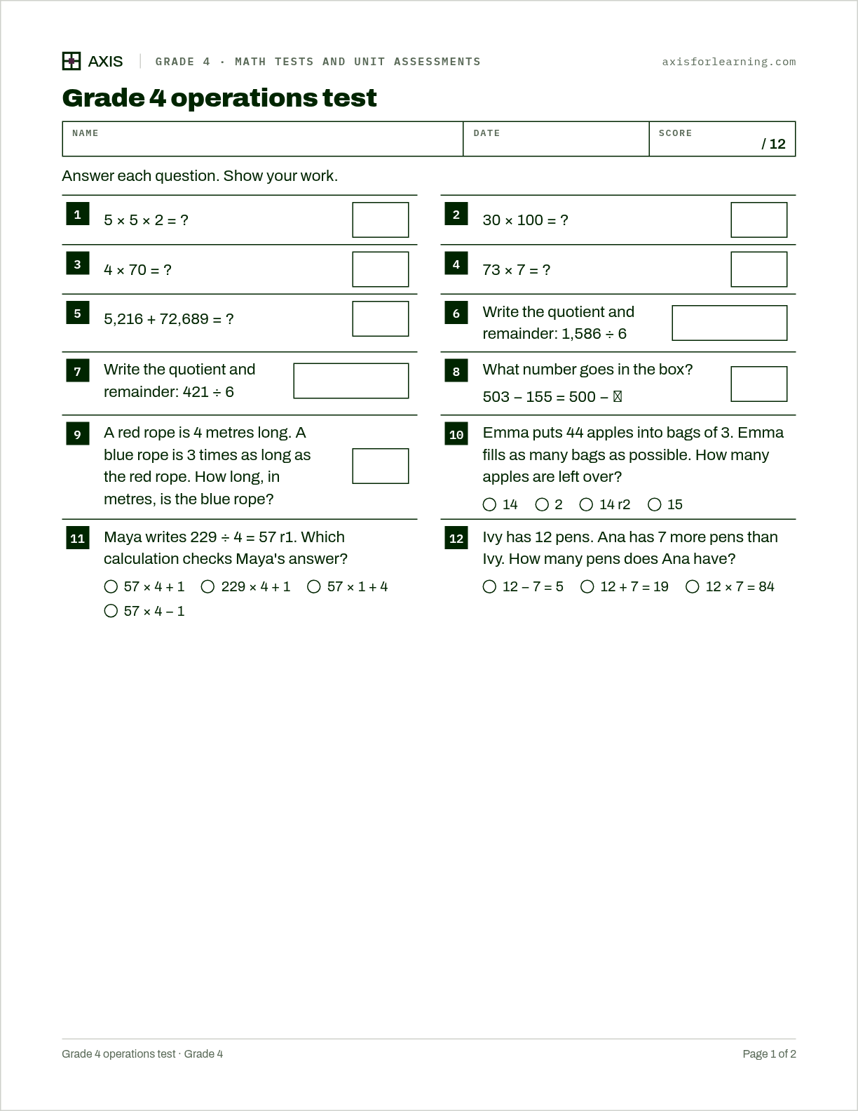 Grade 4 operations test: first page of the printable worksheet