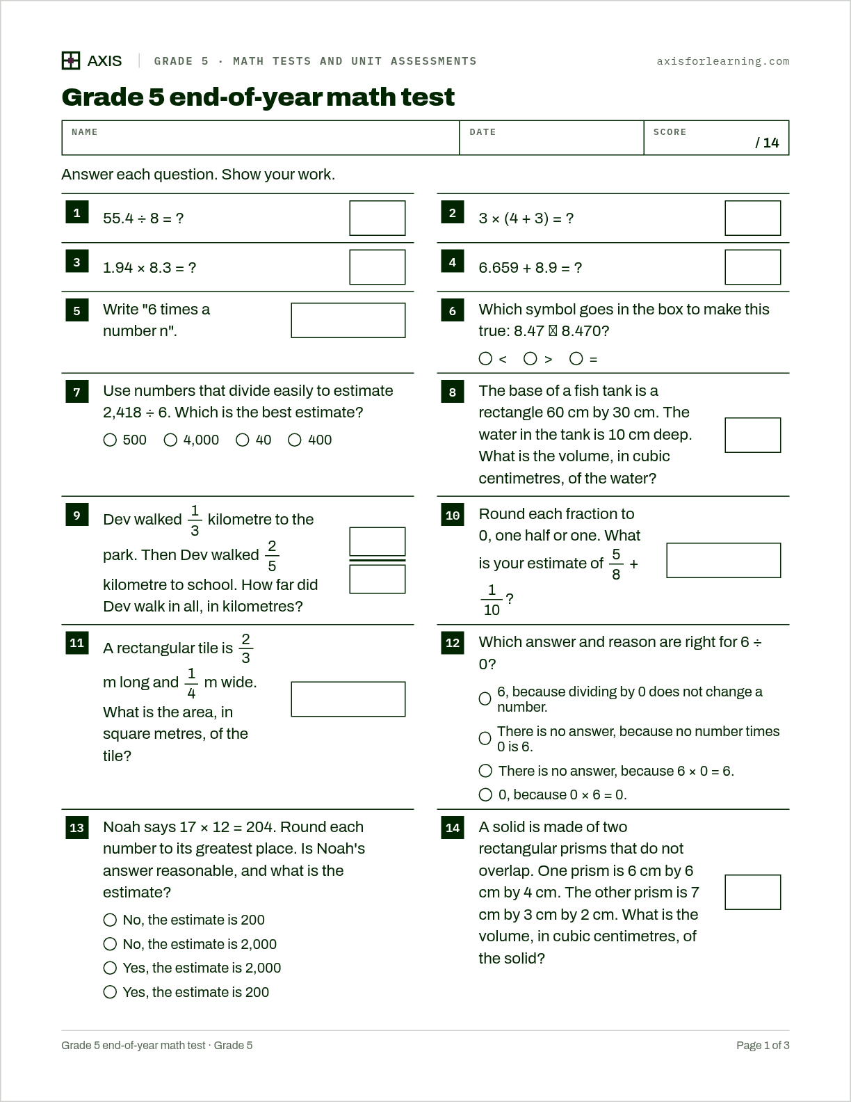 Grade 5 end-of-year math test: first page of the printable worksheet