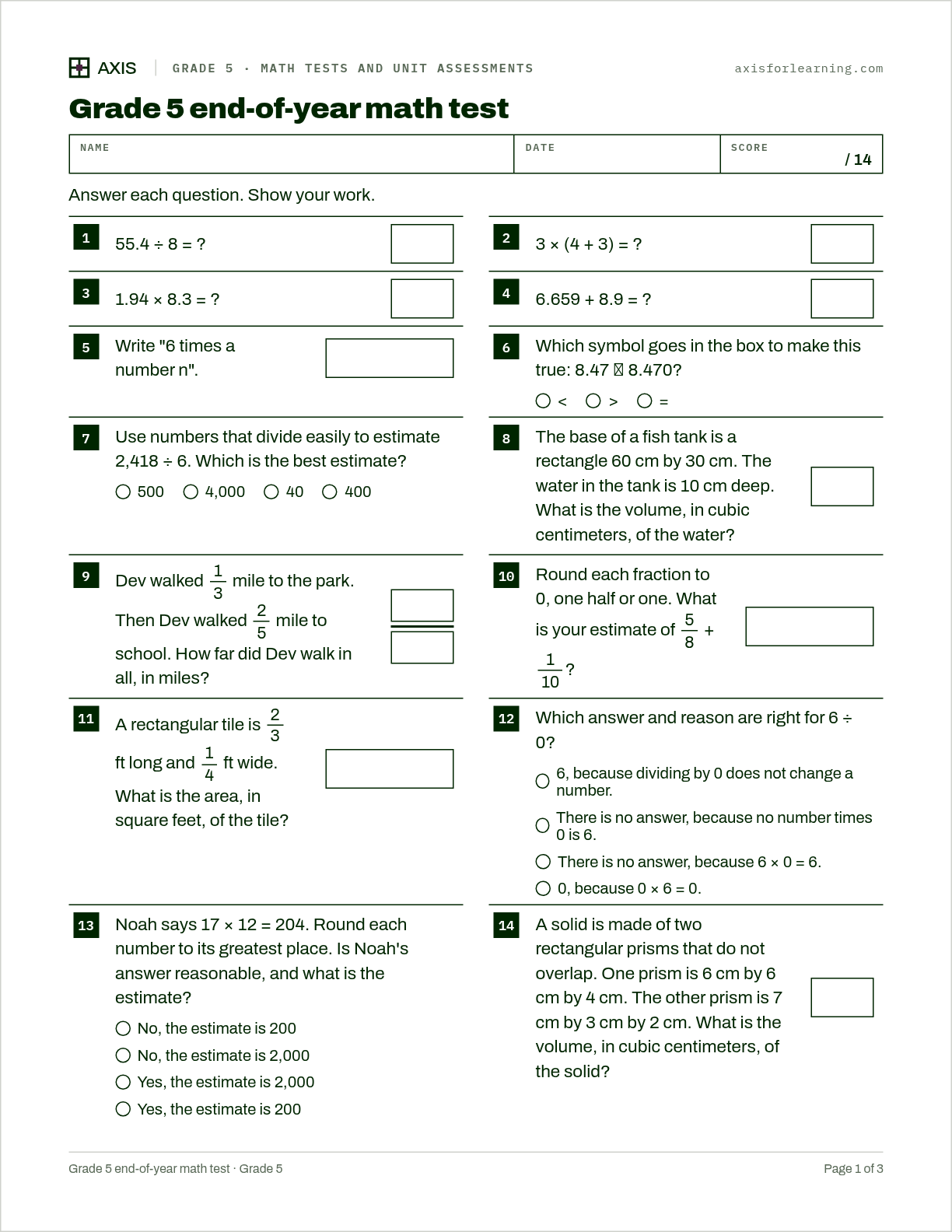 Grade 5 end-of-year math test: first page of the printable worksheet