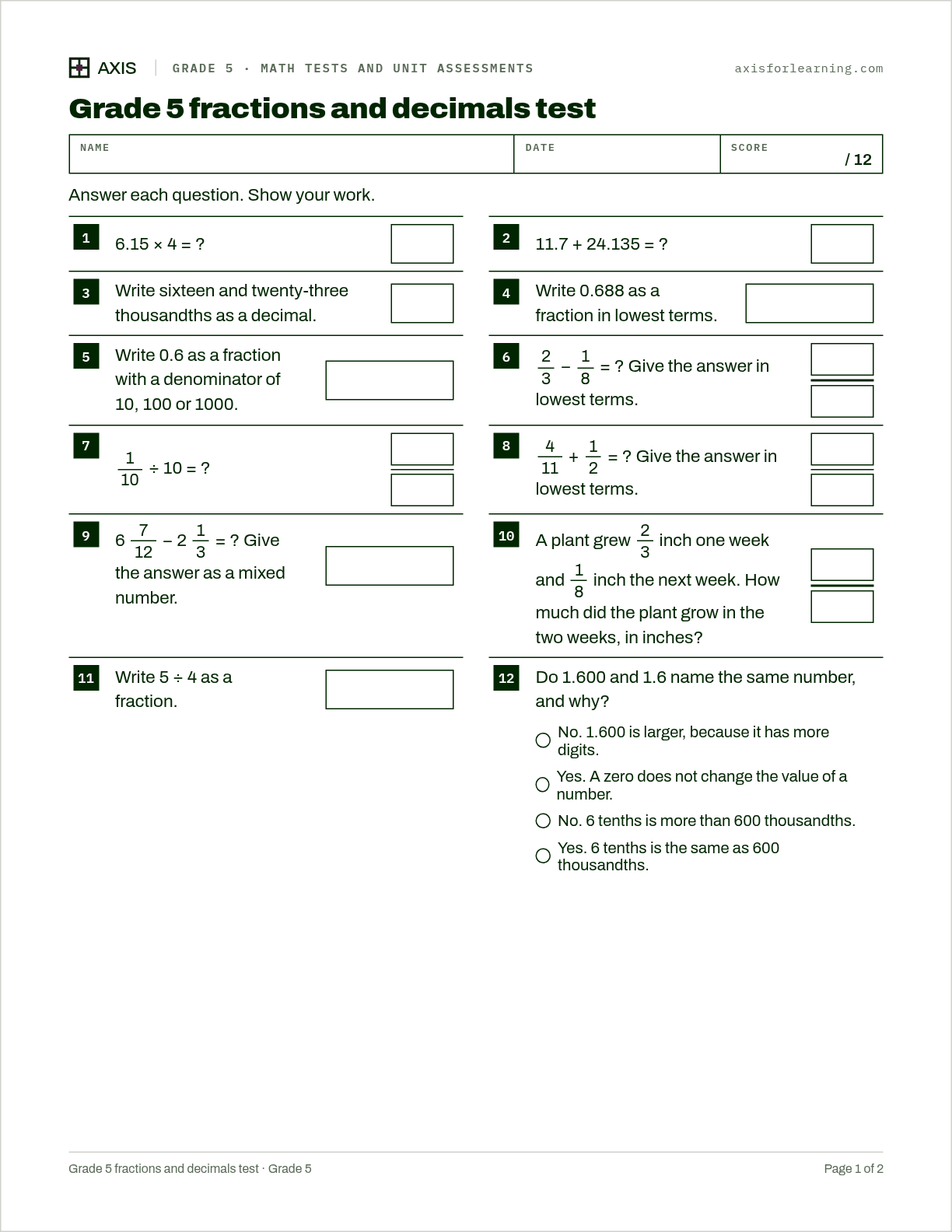 Grade 5 fractions and decimals test: first page of the printable worksheet