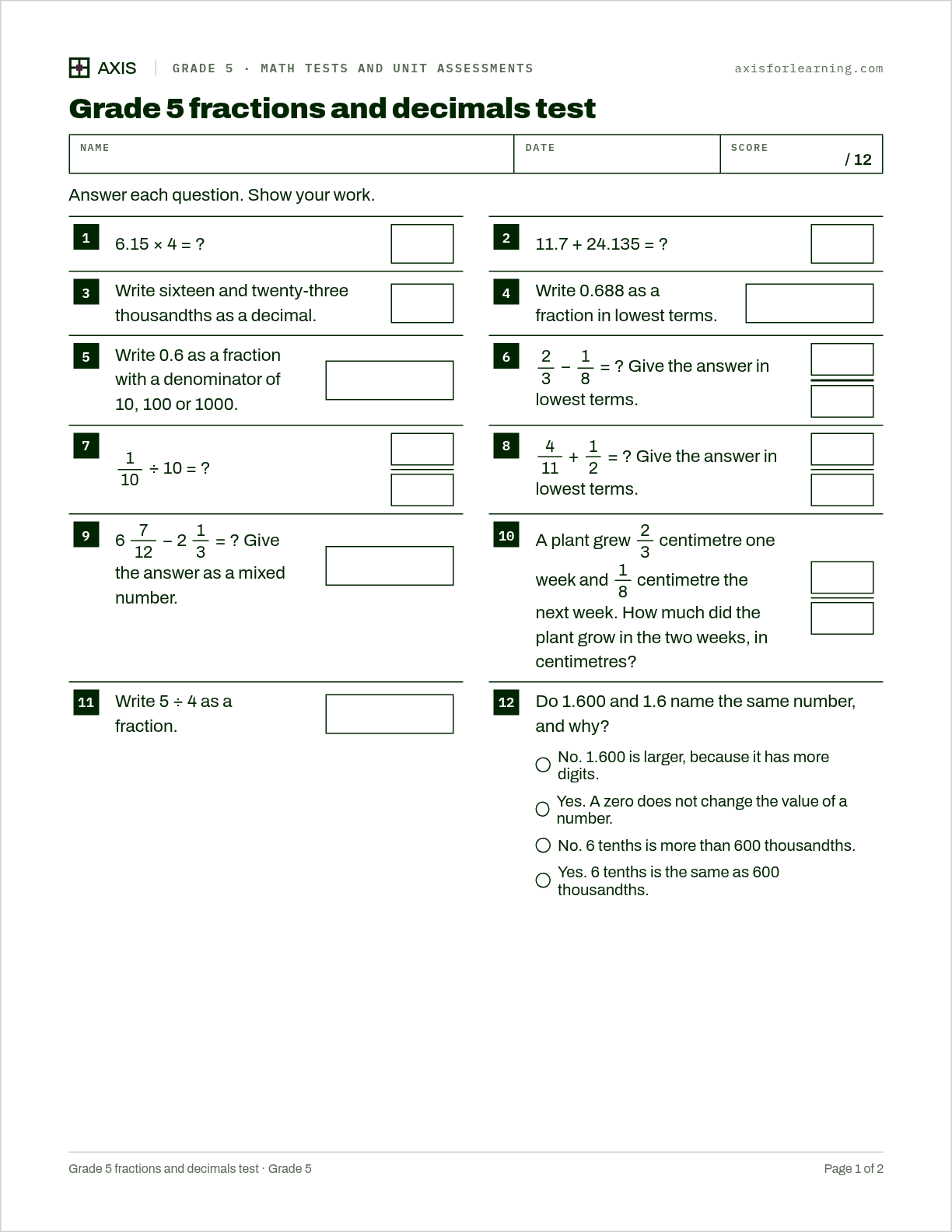 Grade 5 fractions and decimals test: first page of the printable worksheet