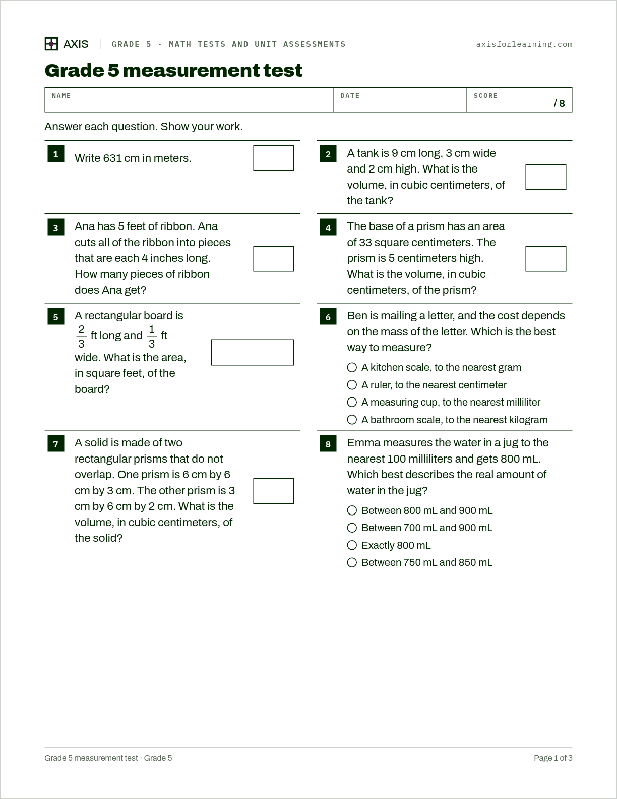 Grade 5 measurement test: first page of the printable worksheet