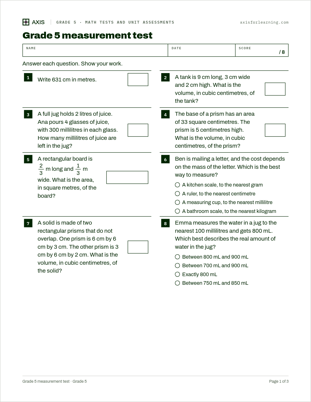 Grade 5 measurement test: first page of the printable worksheet