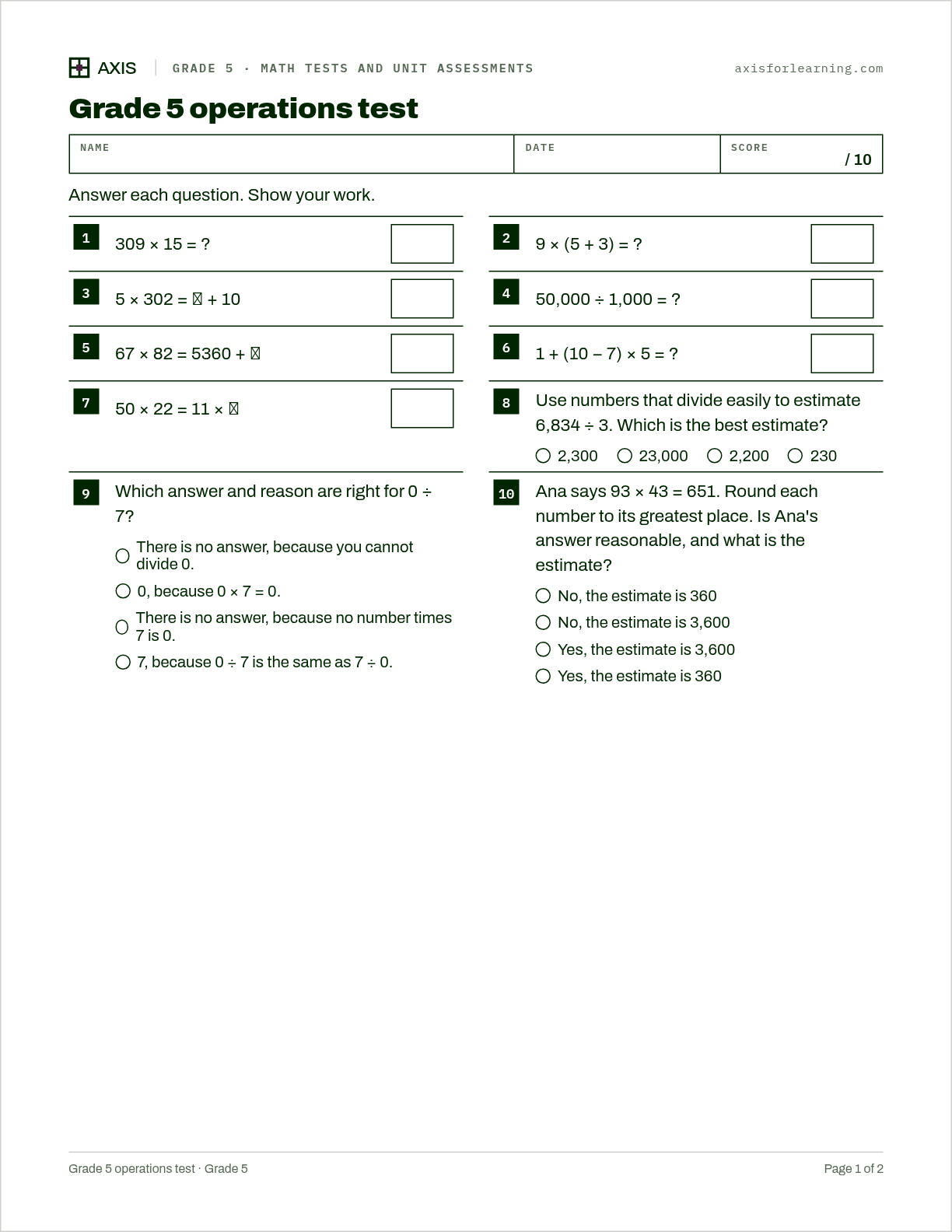 Grade 5 operations test: first page of the printable worksheet