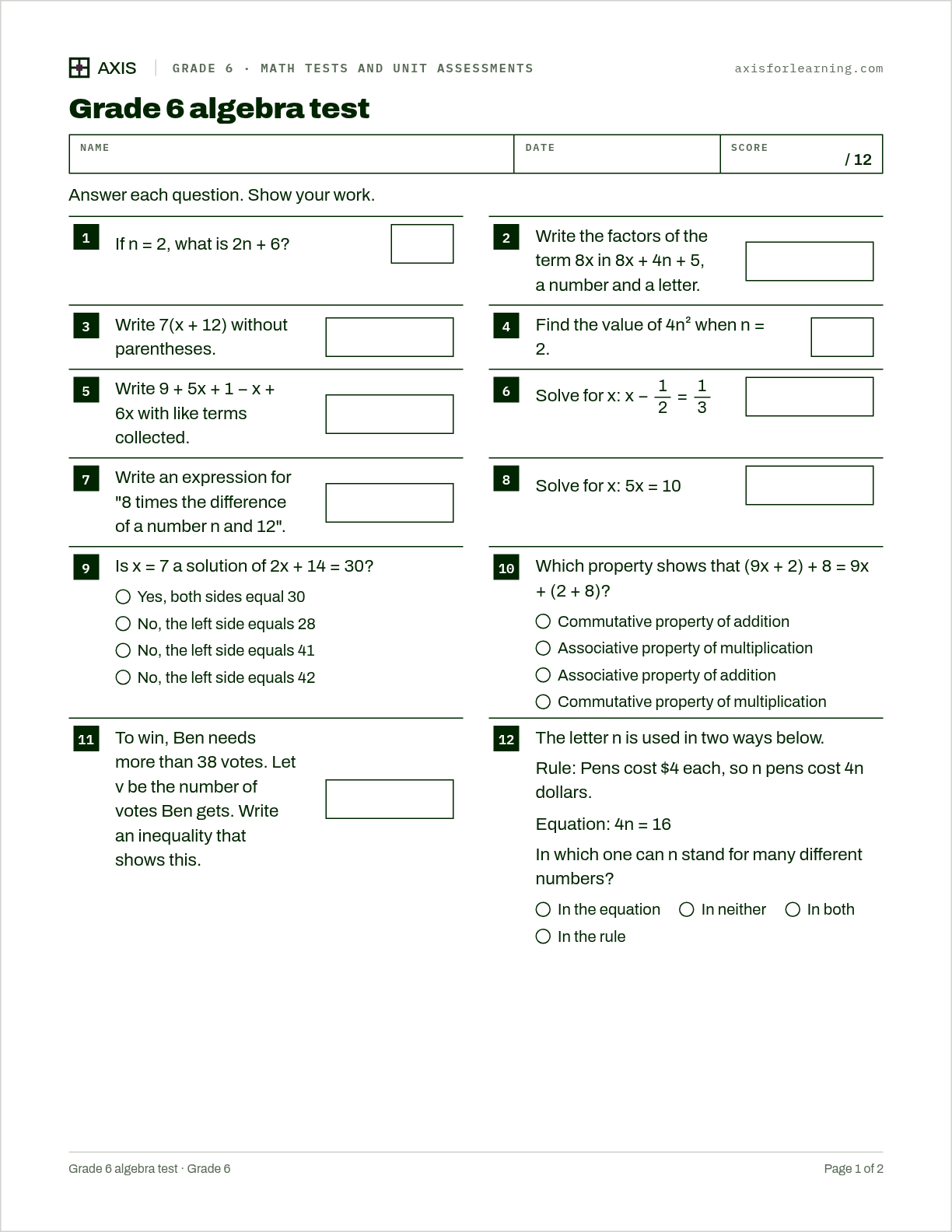 Grade 6 algebra test: first page of the printable worksheet