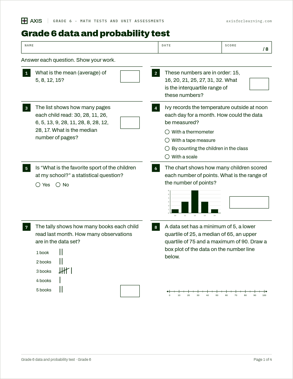 Grade 6 data and probability test: first page of the printable worksheet