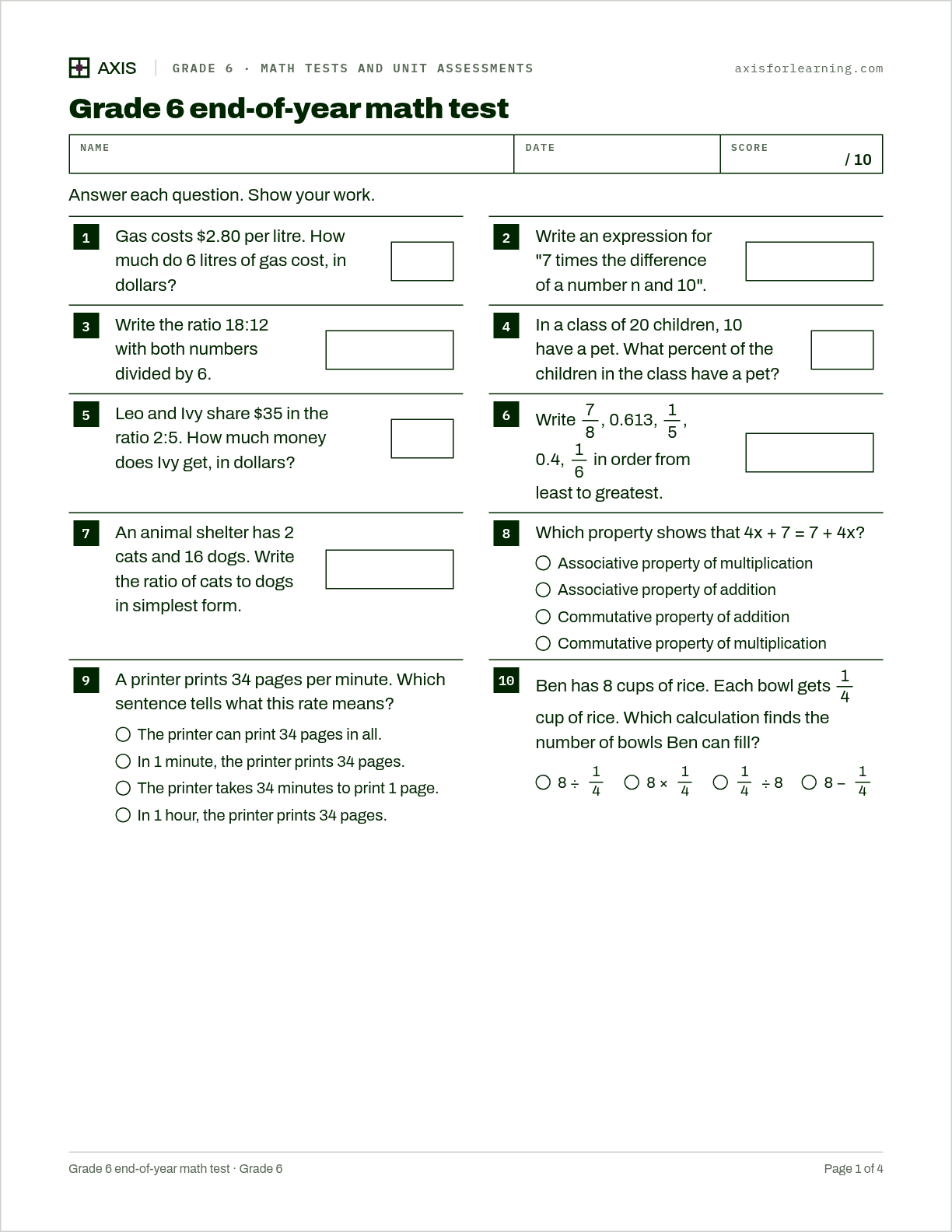 Grade 6 end-of-year math test: first page of the printable worksheet