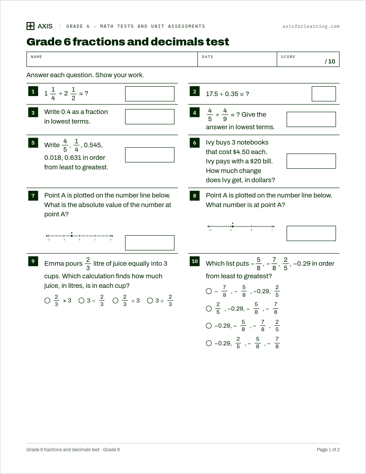 Grade 6 fractions and decimals test: first page of the printable worksheet