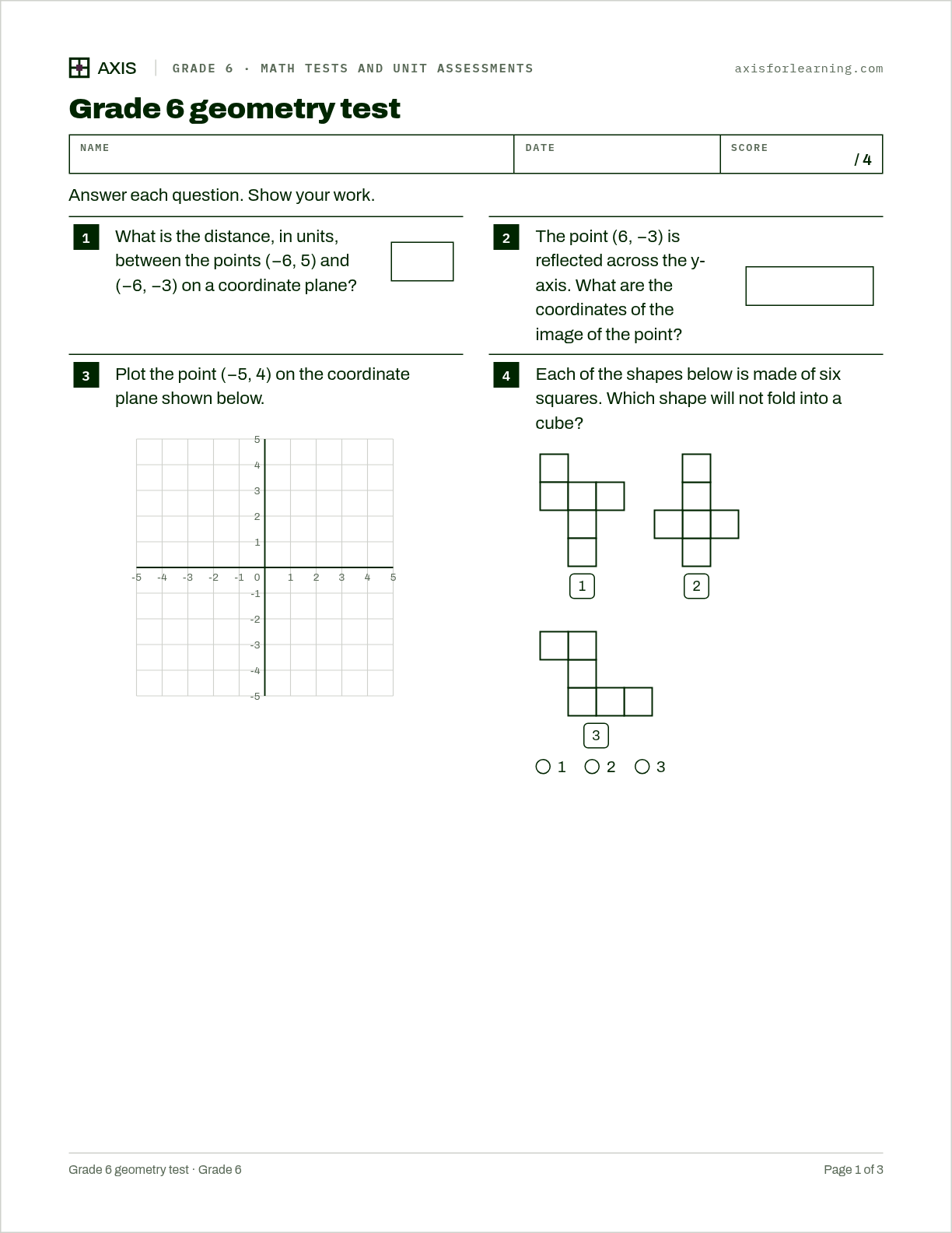Grade 6 geometry test: first page of the printable worksheet