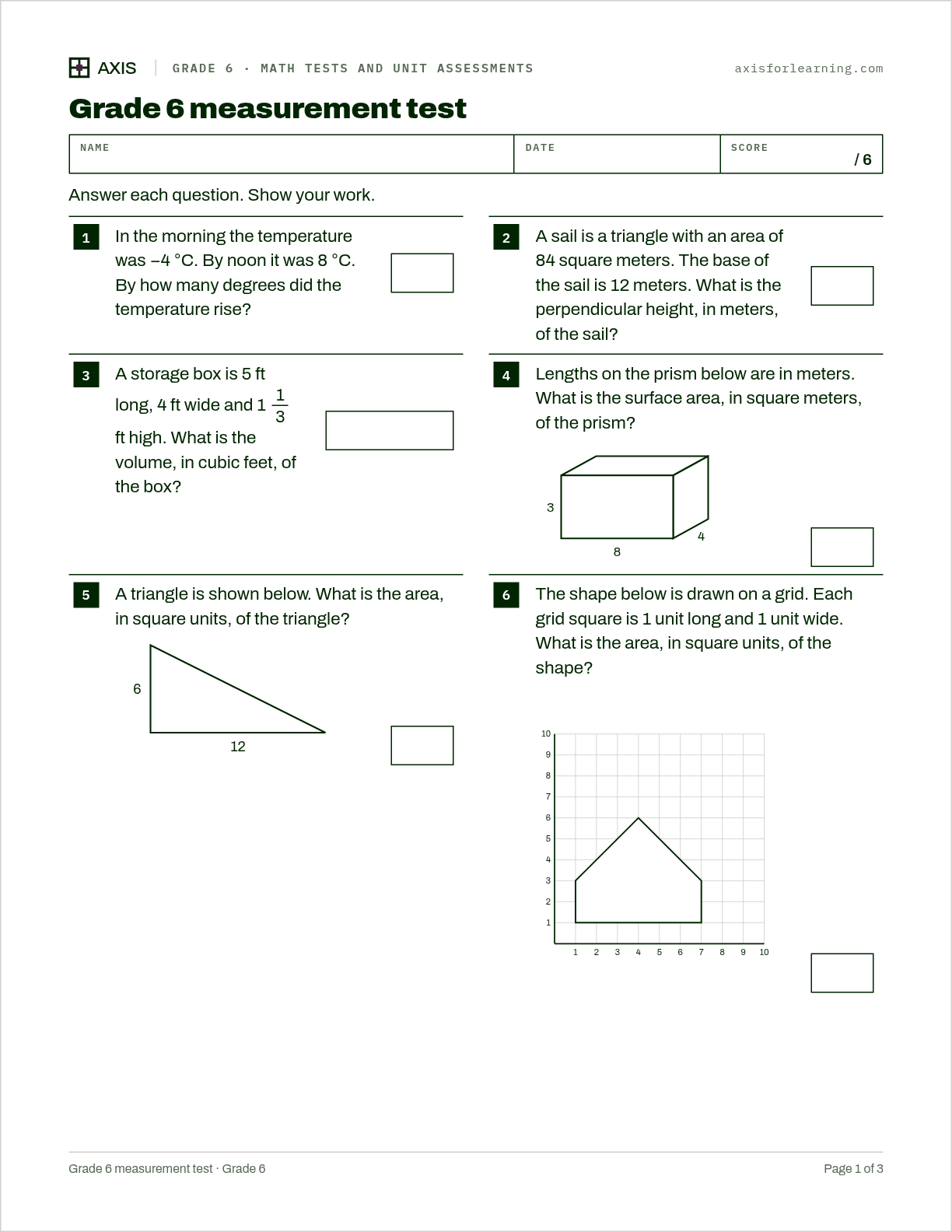 Grade 6 measurement test: first page of the printable worksheet