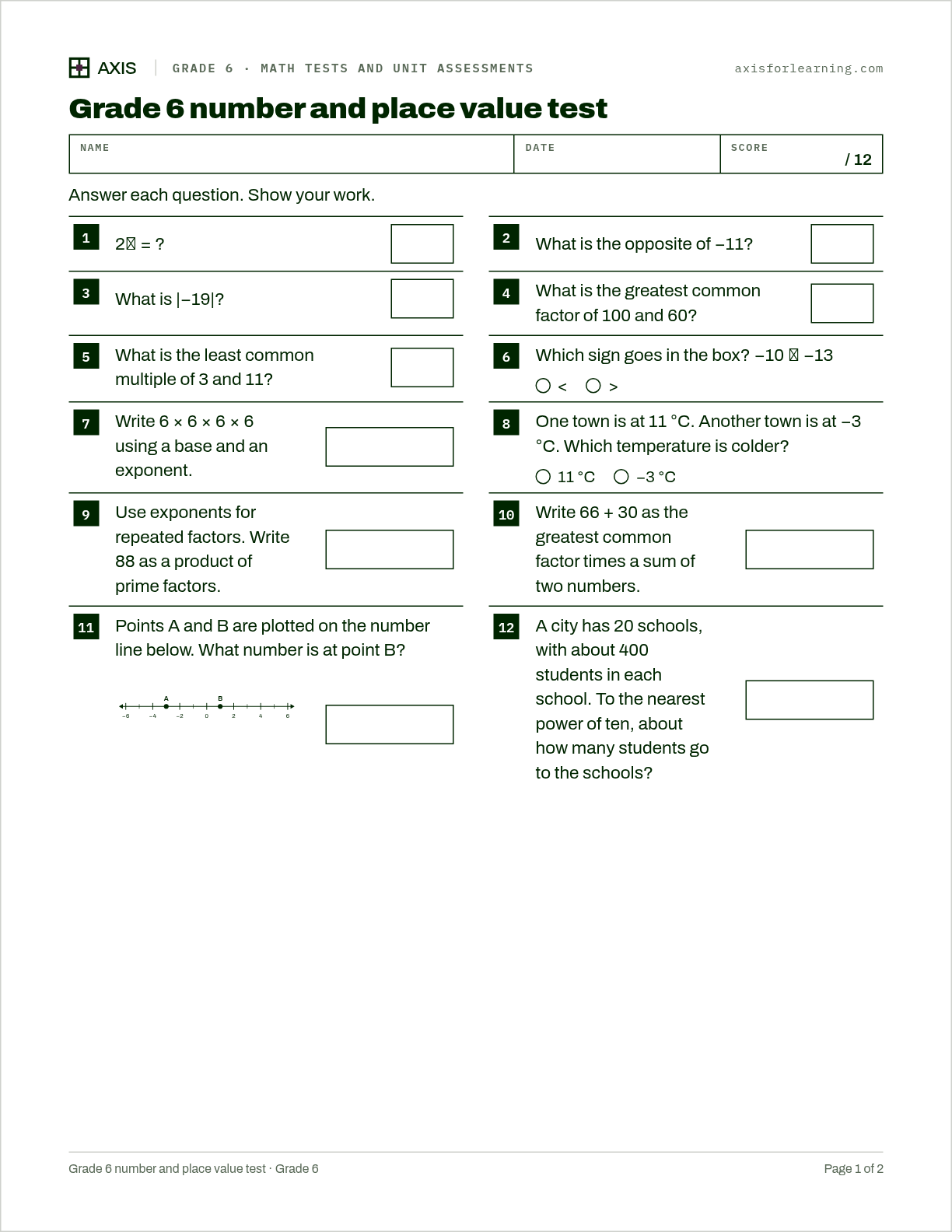 Grade 6 number and place value test: first page of the printable worksheet