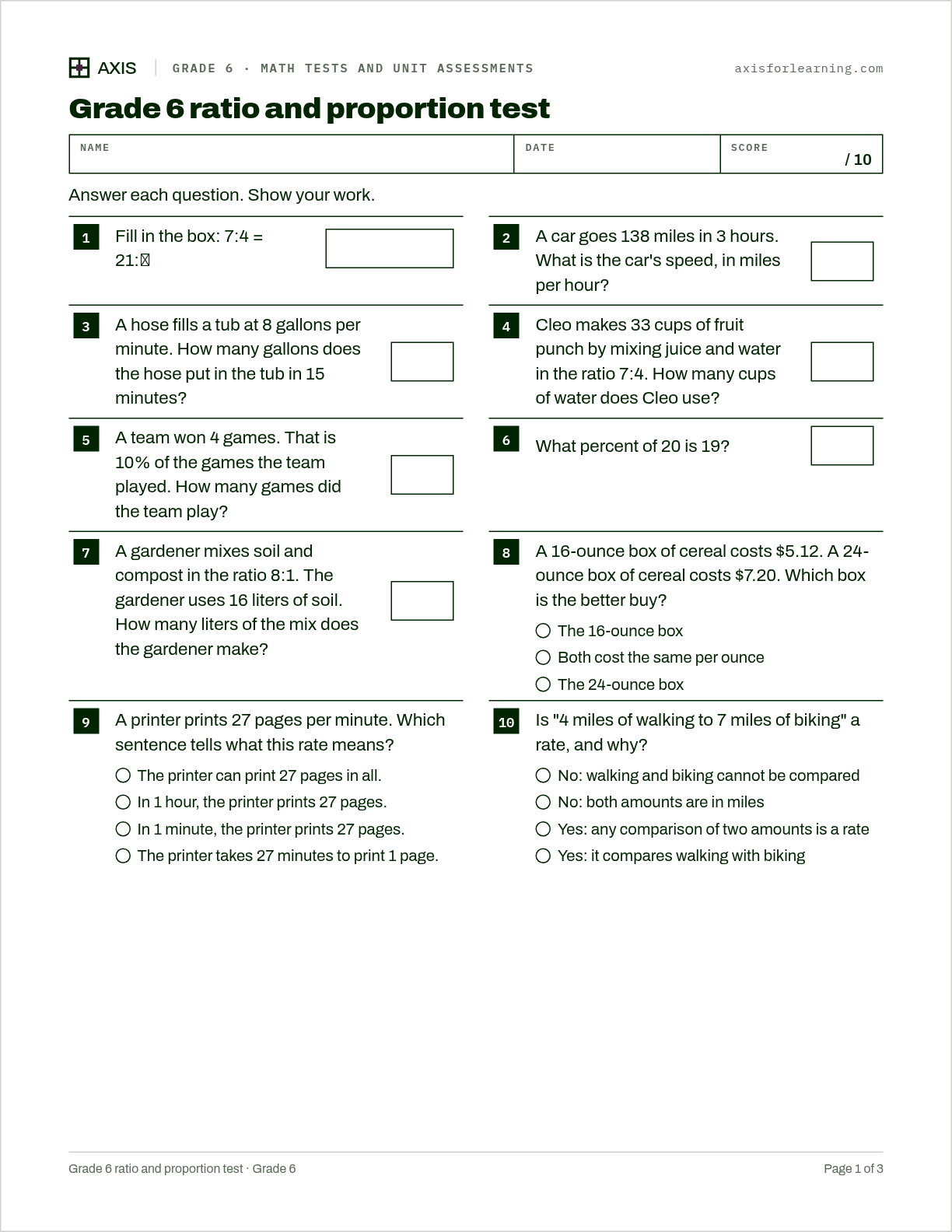 Grade 6 ratio and proportion test: first page of the printable worksheet