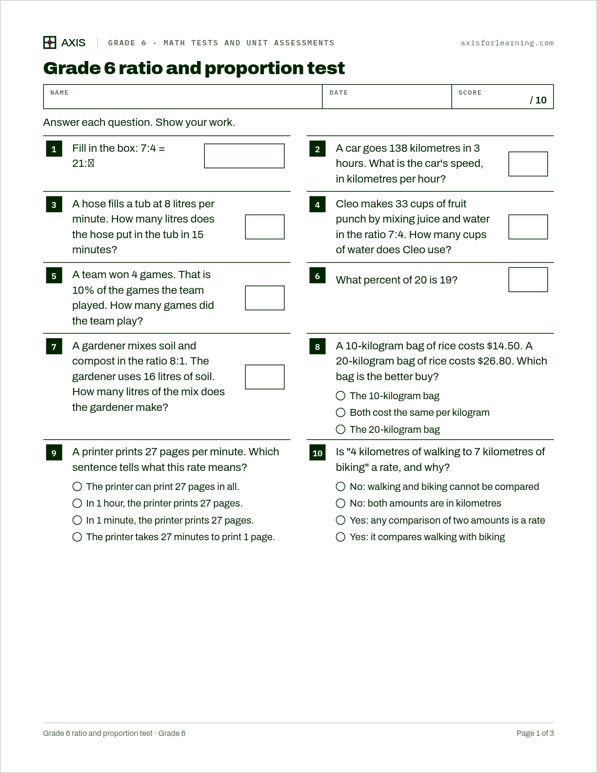Grade 6 ratio and proportion test: first page of the printable worksheet