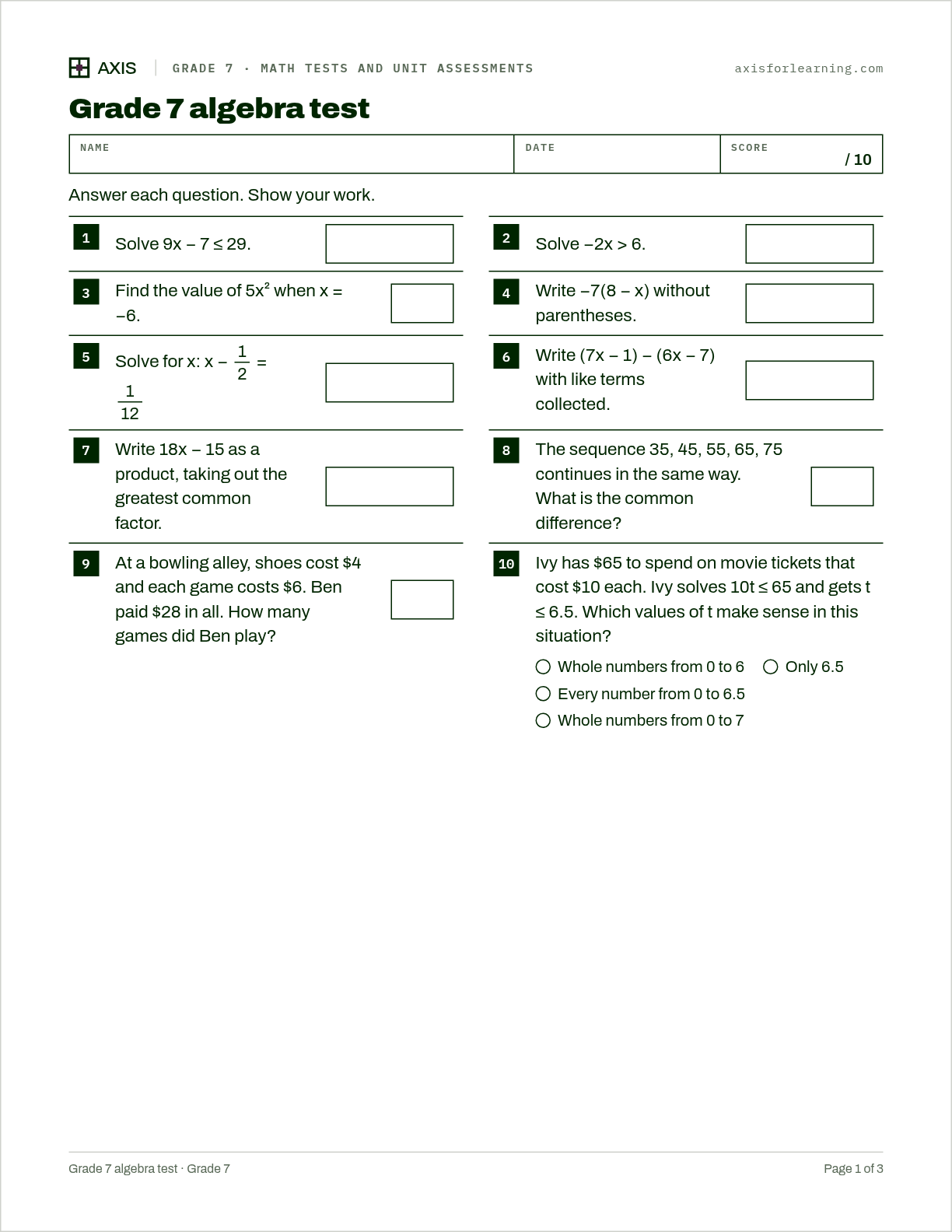Grade 7 algebra test: first page of the printable worksheet